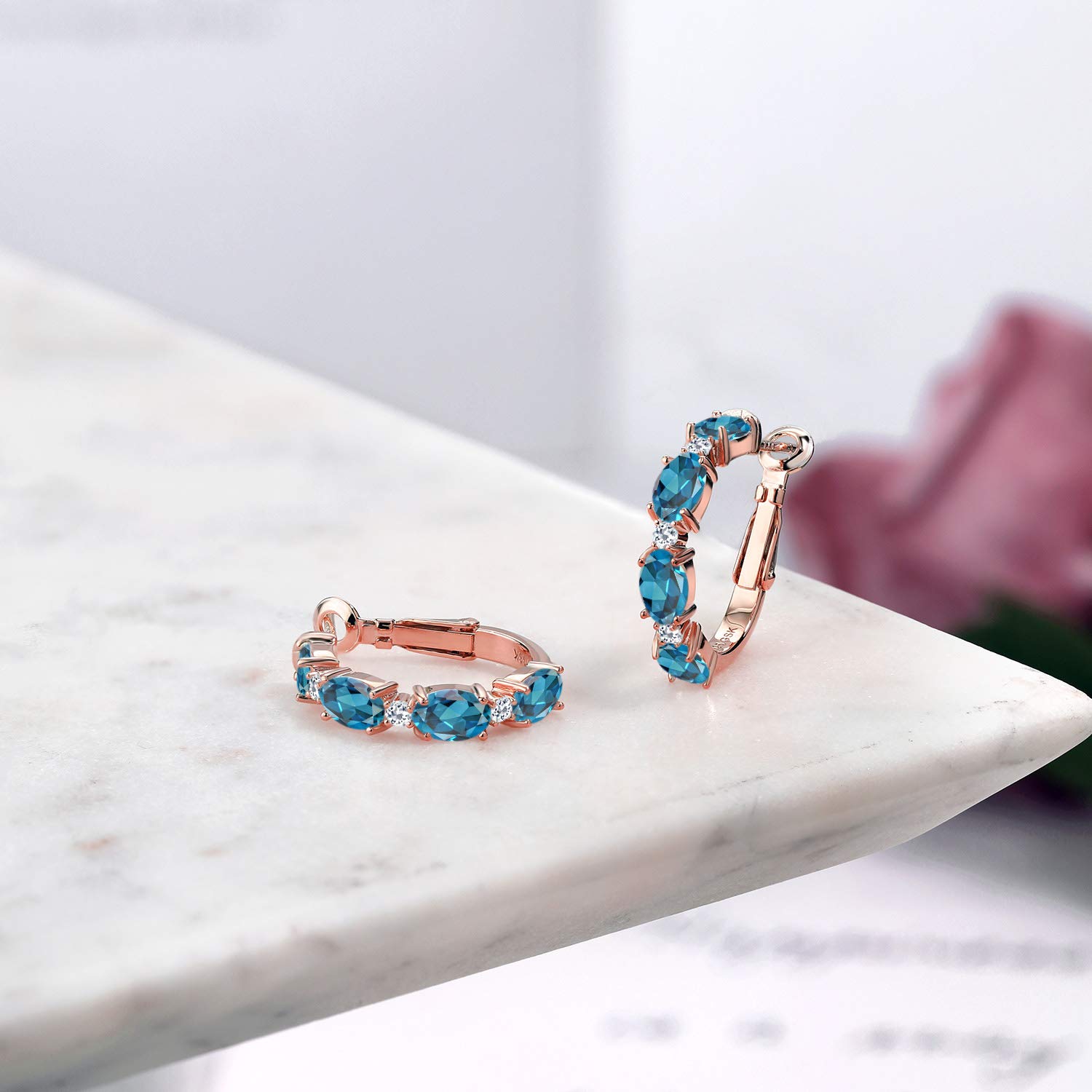 5.04 Ct Oval London Blue Topaz & White Topaz 18K Rose Gold Plated Silver Hoop Earrings for Women - Elegant Dangle Jewelry for Weddings, Parties & Special Occasions