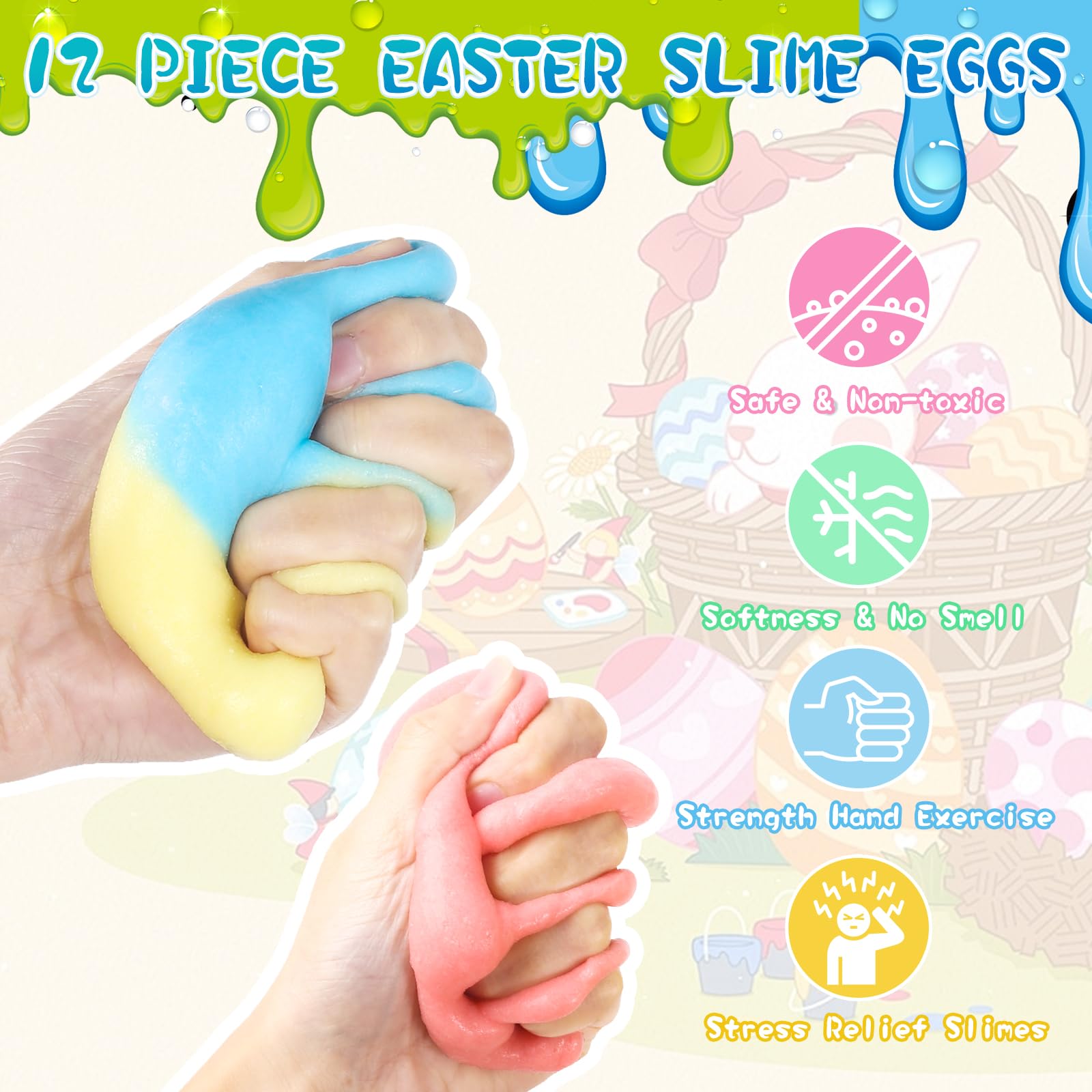 12-Pack Prefilled Easter Eggs with Non-Sticky Butter Slime - Bulk Easter Basket Stuffers for Kids, Easter Egg Hunt Games & Party Favors - Fun Sensory Fidget Toys for Stress Relief & Classroom Activities