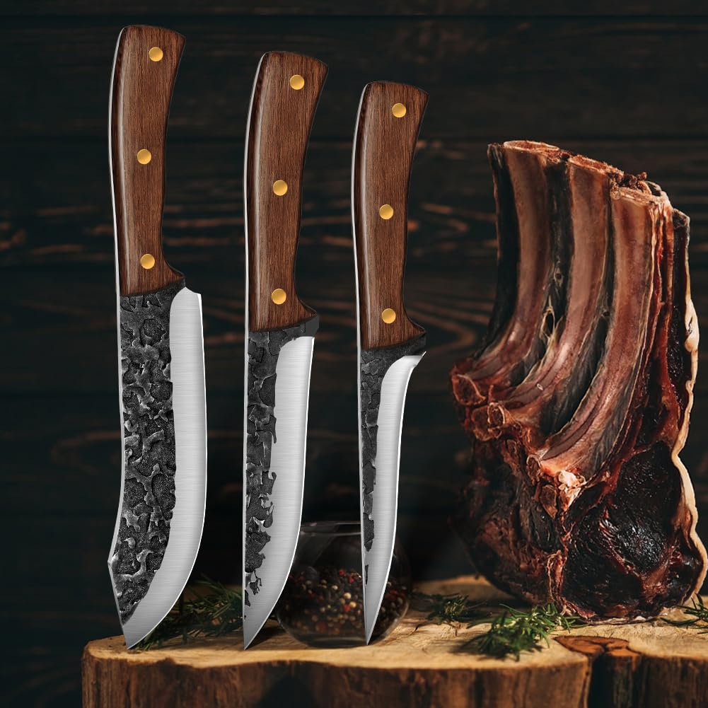 **UniqueFire 3-Piece Professional Chef Knife Set - High Carbon Steel Hand-Forged Kitchen Knives with Ergonomic Wood Handle - Sharp Butcher & Meat Cleaver Knives for Home & Restaurant - Perfect for Cooking, Slicing, and Meat Preparation**