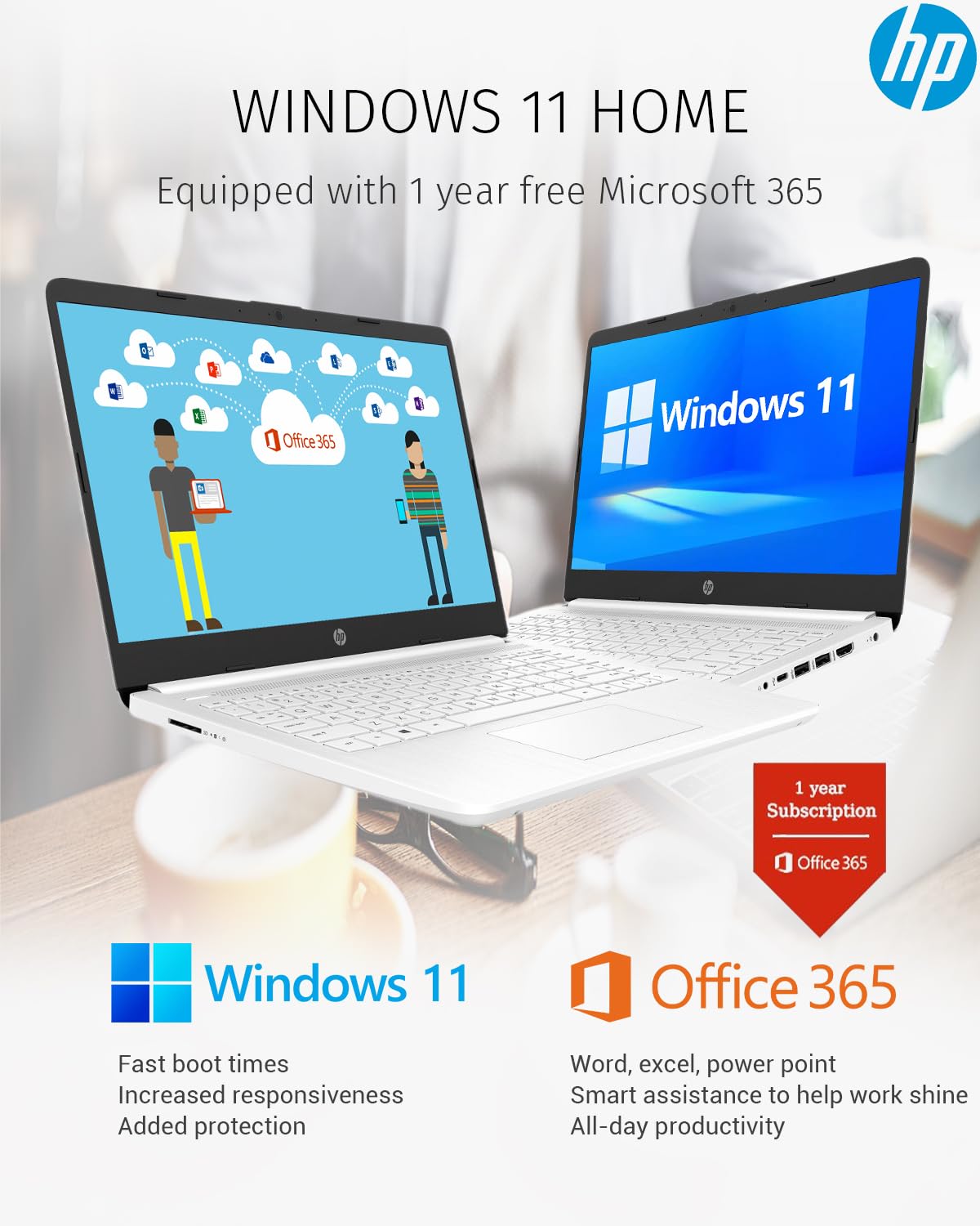 HP 14-inch Thin & Light Laptop for Students - Intel Processor, 8GB RAM, 64GB eMMC + 128GB SD Card, Windows 11, 1 Year Microsoft Office, Webcam, Long Battery Life (White) - Perfect for College, Online Classes & Remote Work