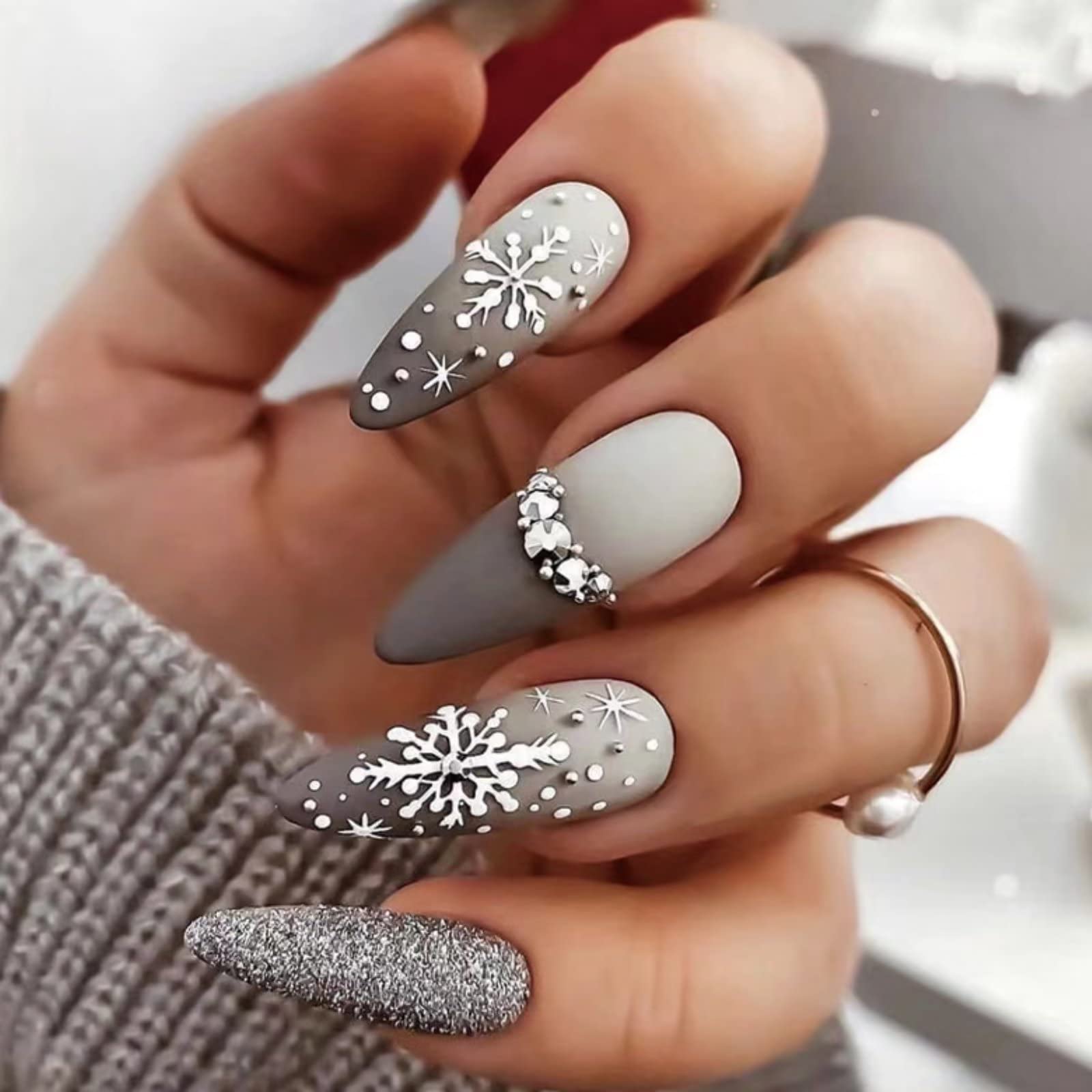 RUNRAYAY Christmas Gradient Grey French Ballerina Press On False Nails with Snowflake Rhinestones - Almond Natural Coffin Fake Nails for Holiday Parties, Gift Giving & Special Occasions