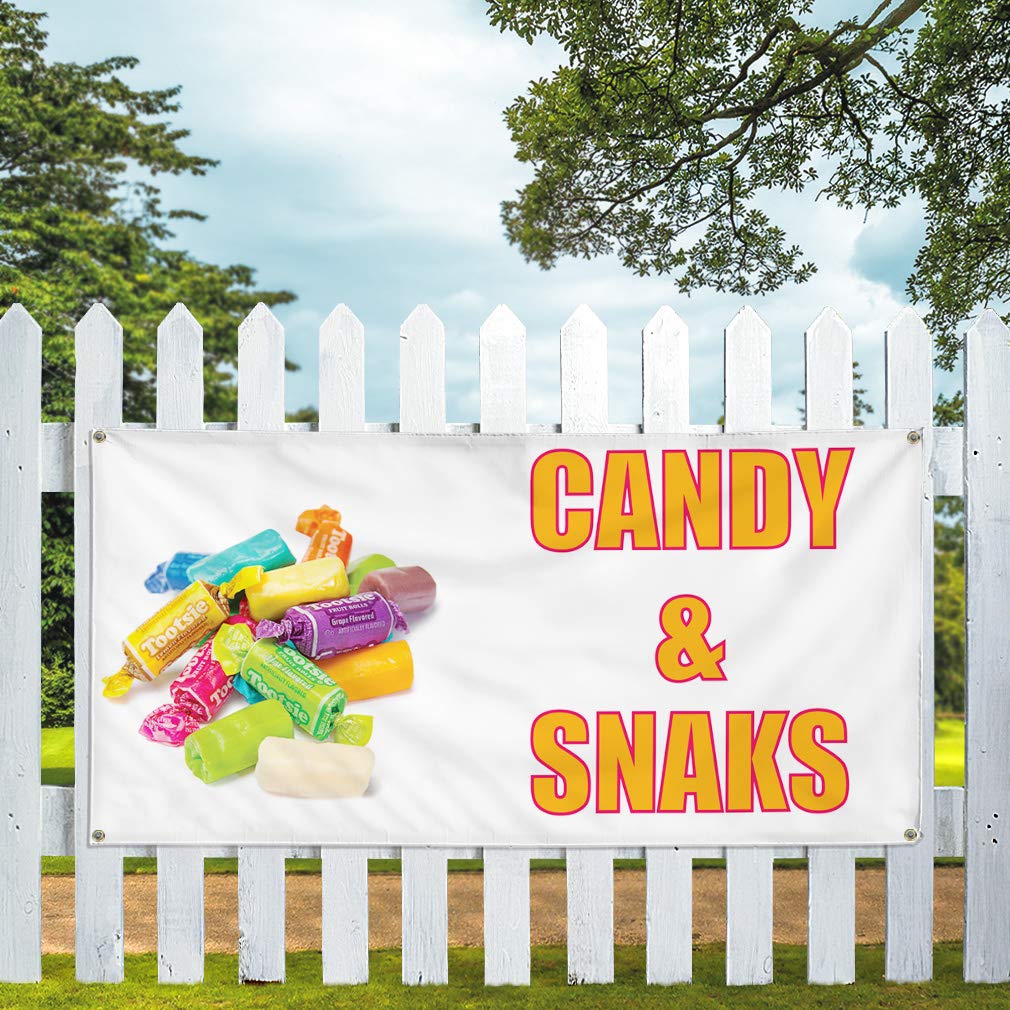 Custom Vinyl Banner 48x96 Inches - Weatherproof Outdoor Advertising Sign for Candy, Snacks & Beverage Promotion - White with 8 Grommets - Perfect for Retail Stores, Trade Shows & Yard Sales