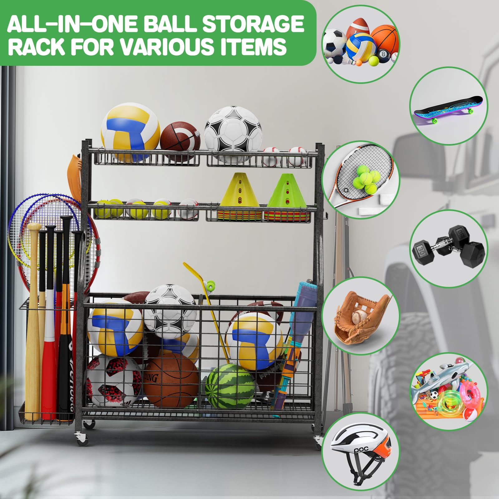 Heavy Duty Garage Sports Equipment Organizer with 4 Baskets & 6 Hooks - Ball Storage Rack for Basketball Soccer Baseball - Garage Organization System for Toys, Bikes & Outdoor Gear - Perfect for Home Gym, Playroom & Backyard Storage