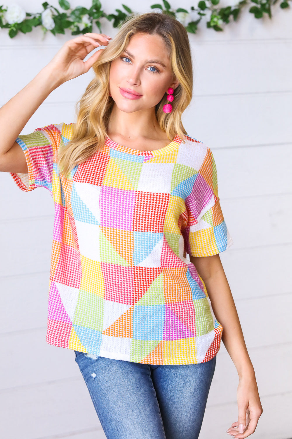 Stylish Multicolor Geometric Textured Knit Top for Women | Trendy Casual & Party Wear | Comfortable & Fashionable Blouse for Everyday Outfits
