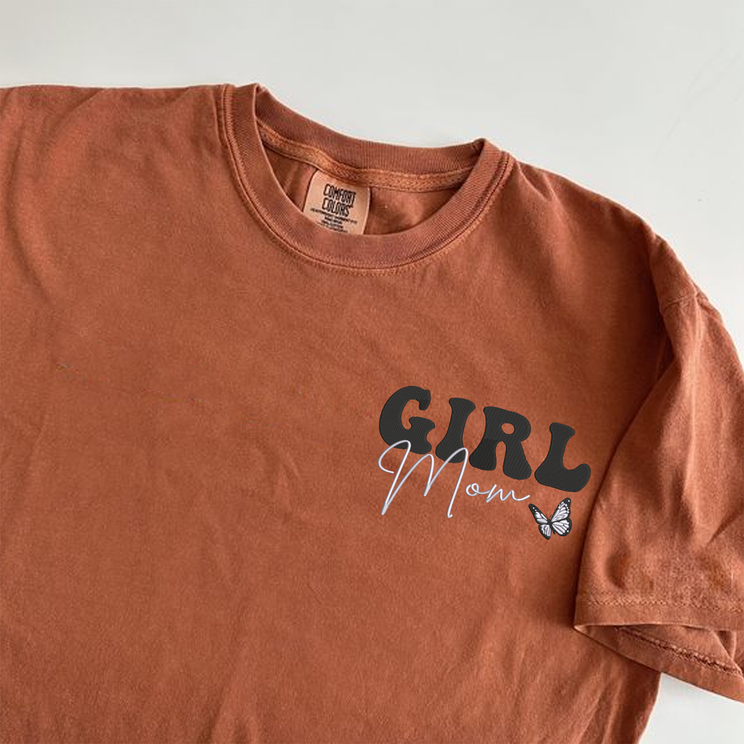 Custom Embroidered Girl Mom T-Shirt with Kids Name - Comfort Colors® Soft Cotton Tee for Mother's Day, Family Photos & Matching Outfits