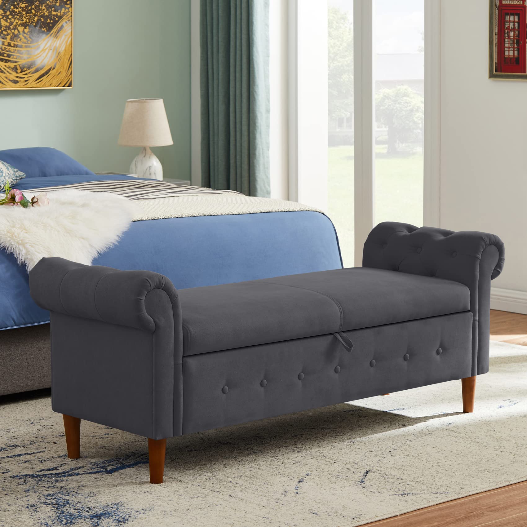 Aoowow Storage Bench with Rolled Arms - Linen Fabric Ottoman Couch for Bedroom, End of Bed, Window Seat or Fireplace - Multi-Functional Toy Storage Bench (Gray) - Perfect for Small Space Organization & Cozy Seating