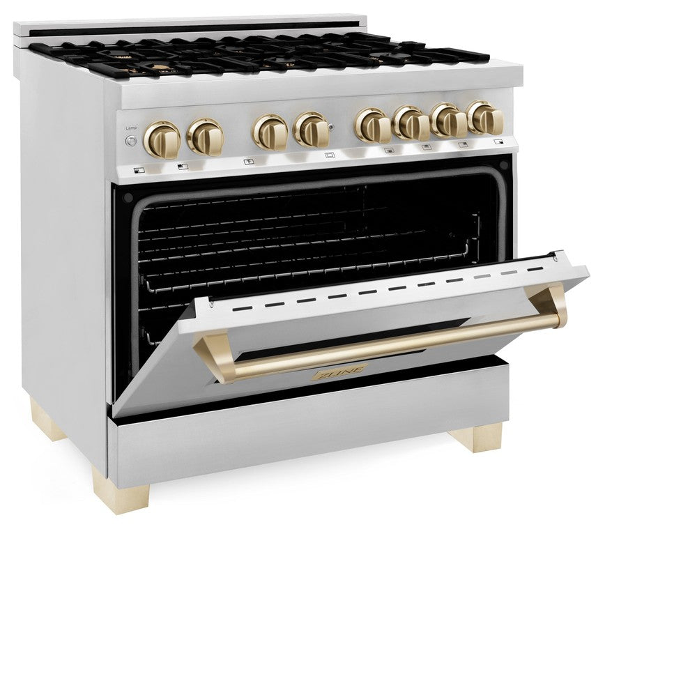ZLINE Autograph Edition 36-inch Stainless Steel Dual Fuel Range Kitchen Package with Range Hood, Dishwasher & Refrigerator - External Water Dispenser & Polished Gold Accents (4AKPR RARHDWM36 G) | Premium Kitchen Appliances for Modern Homes & Professional Chefs