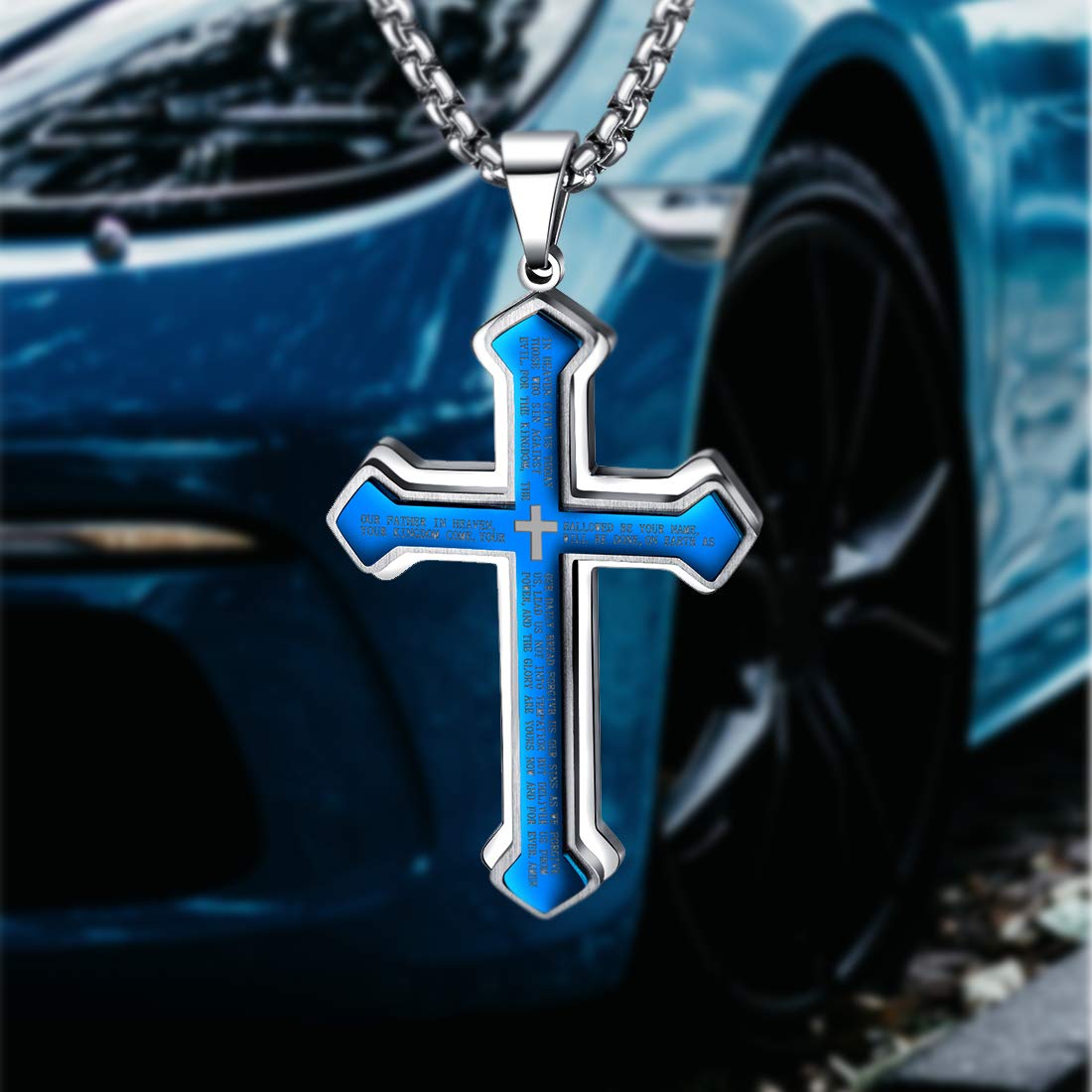 Blue Jesus Cross Pendant for Car Rear View Mirror - Christian Car Decor with Lord's Prayer - Religious Auto Interior Accessories for Men & Women - Perfect Christian Gift for Protection & Blessing on the Road