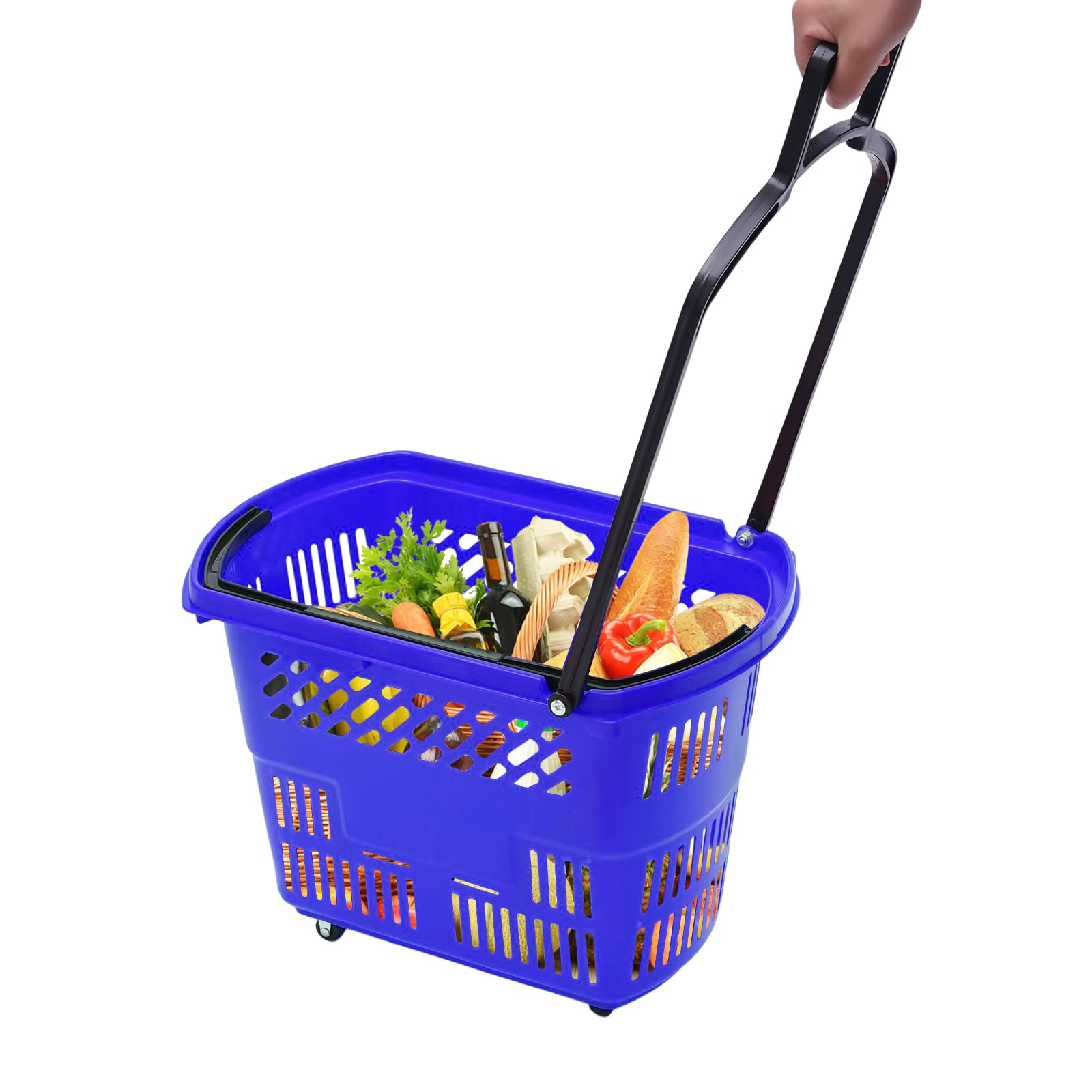 6PCS Rolling Shopping Carts with Wheels - 35L/9.2gal Plastic Grocery Basket with Handle, 19x13.7x14inch Portable Store Baskets Set for Supermarket, Retail & Farmers Market (Blue) - Perfect for Grocery Shopping, Warehouse Organization & Retail Displays