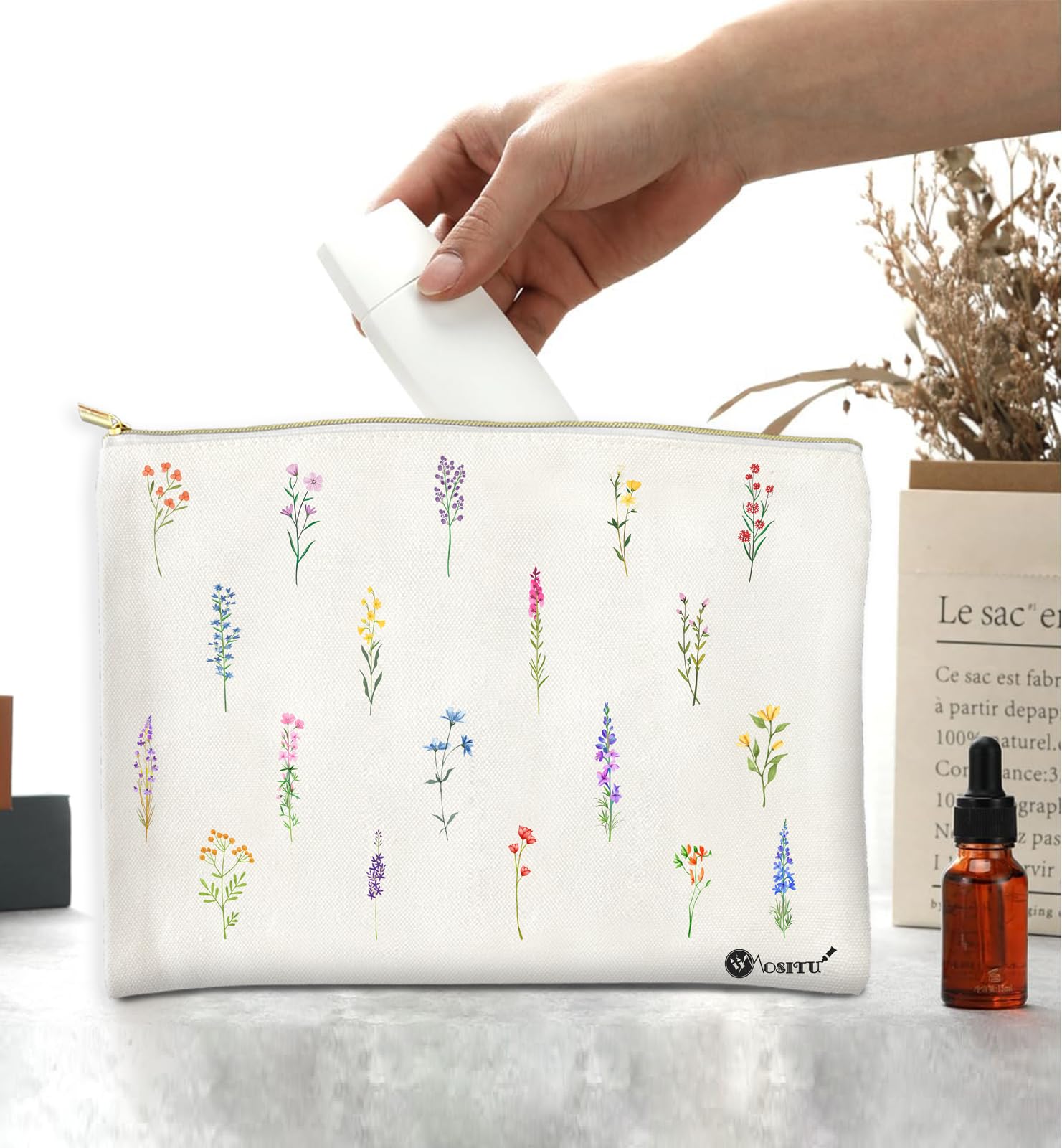 Floral Makeup Bag for Women - Aesthetic Flower Canvas Cosmetic Pouch with Zipper | Small Travel Toiletry Organizer | Perfect Gift for Her, Wildflowers Design | Great for Daily Use, Travel, and Makeup Storage