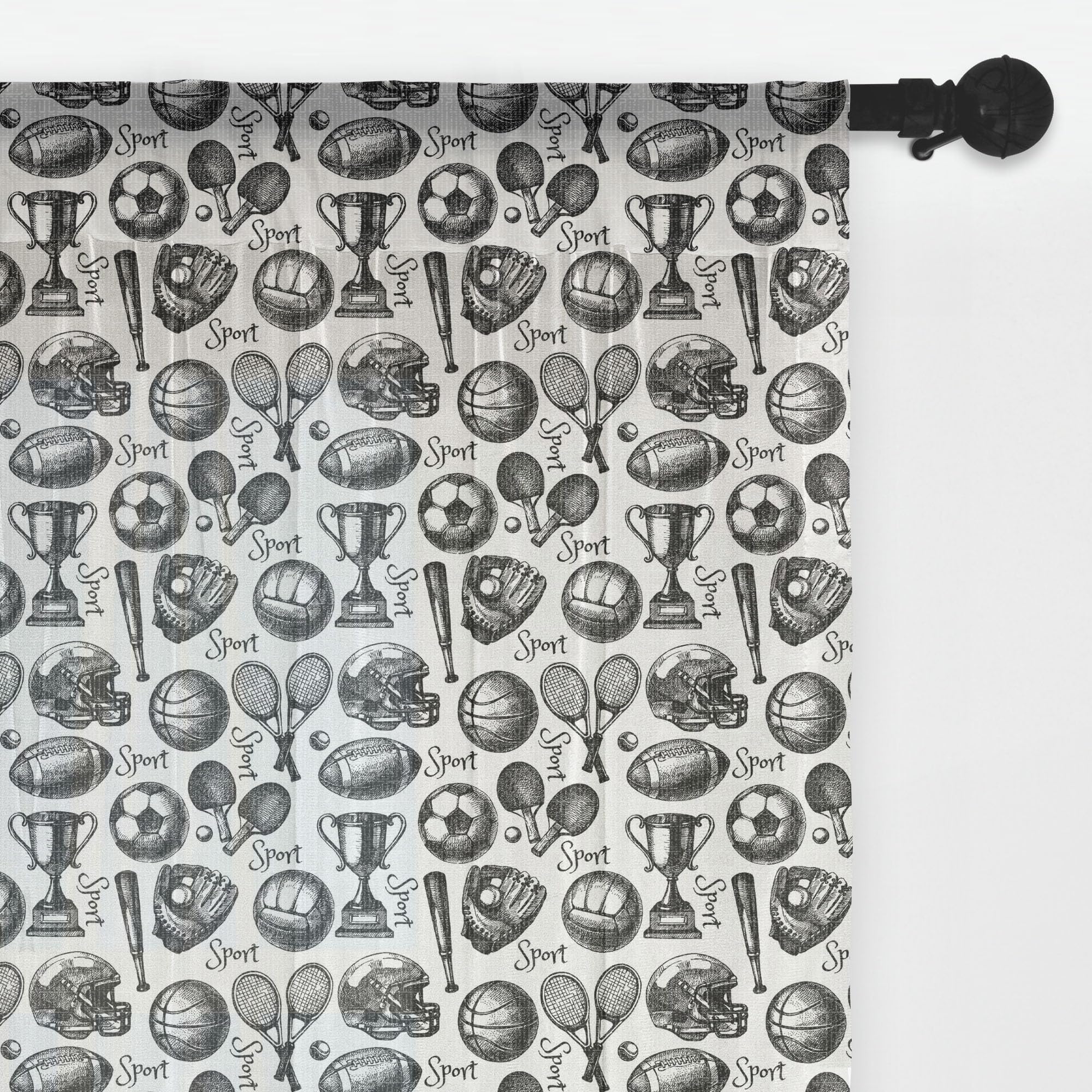 Ambesonne Black & White Sport Themed Tulle Curtains - Monochrome Baseball Glove, Ping Pong Ball & Bat Design - 108