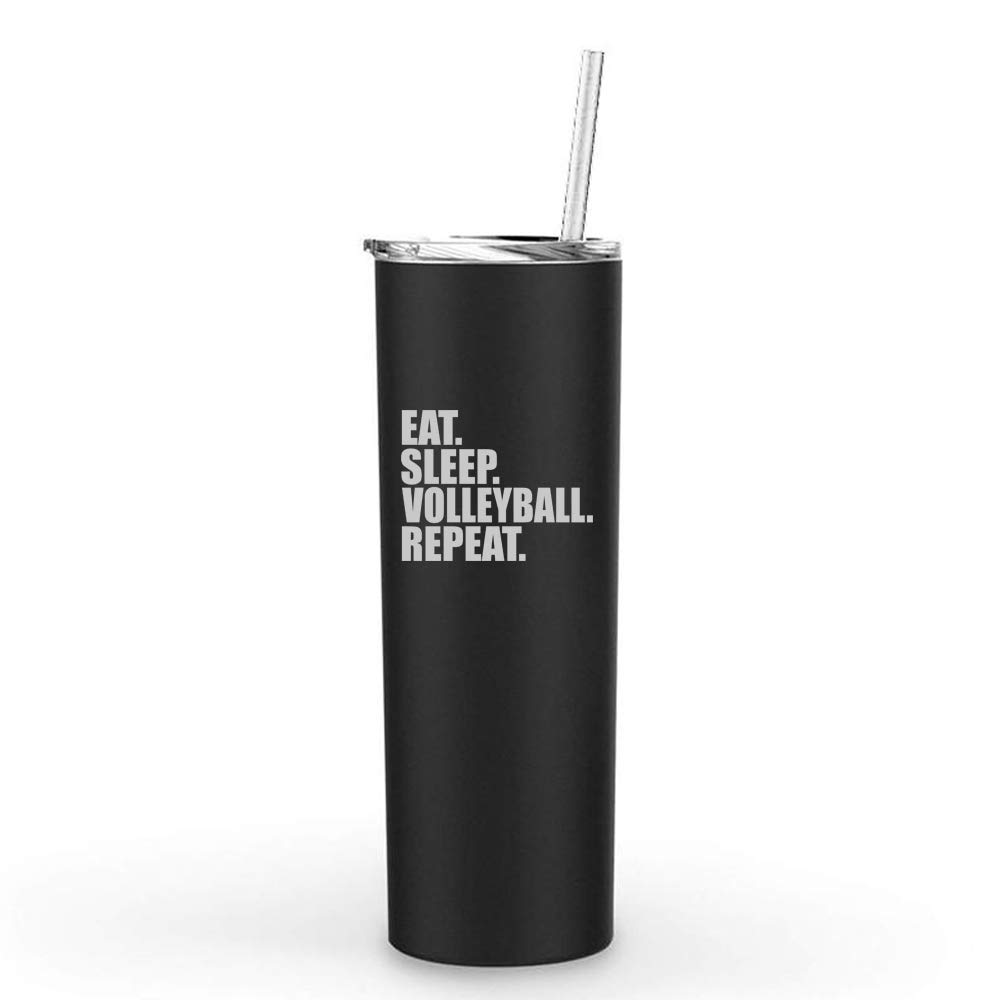 20 oz Skinny Tall Stainless Steel Vacuum Insulated Tumbler with Straw - Leakproof Travel Mug for Coffee, Tea & Cold Drinks - Perfect for Volleyball Players, Gym & Outdoor Activities (Black)