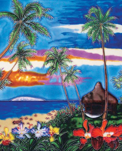 Sunset Palm Tree View II - Handcrafted Ceramic Wall Art Tile - 11 Inch Coastal Home Decor for Kitchen Backsplash, Bathroom, or Outdoor Patio
