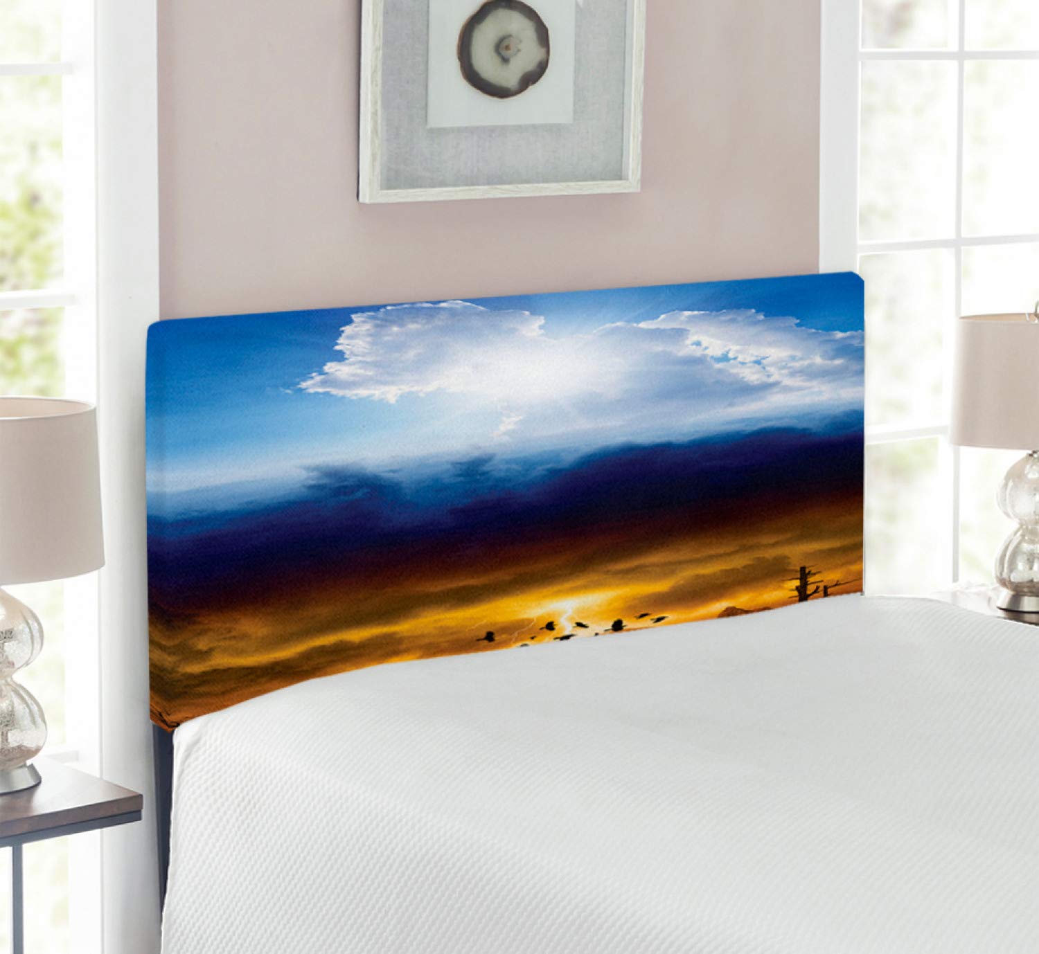 Ambesonne Twin Size Upholstered Landscape Headboard - Sun & Stormy Sky Design with Memory Foam, Blue Orange Black | Gothic Bedroom Decor for Teens & Adults | Perfect for Gothic, Fantasy & Dark Theme Bedrooms