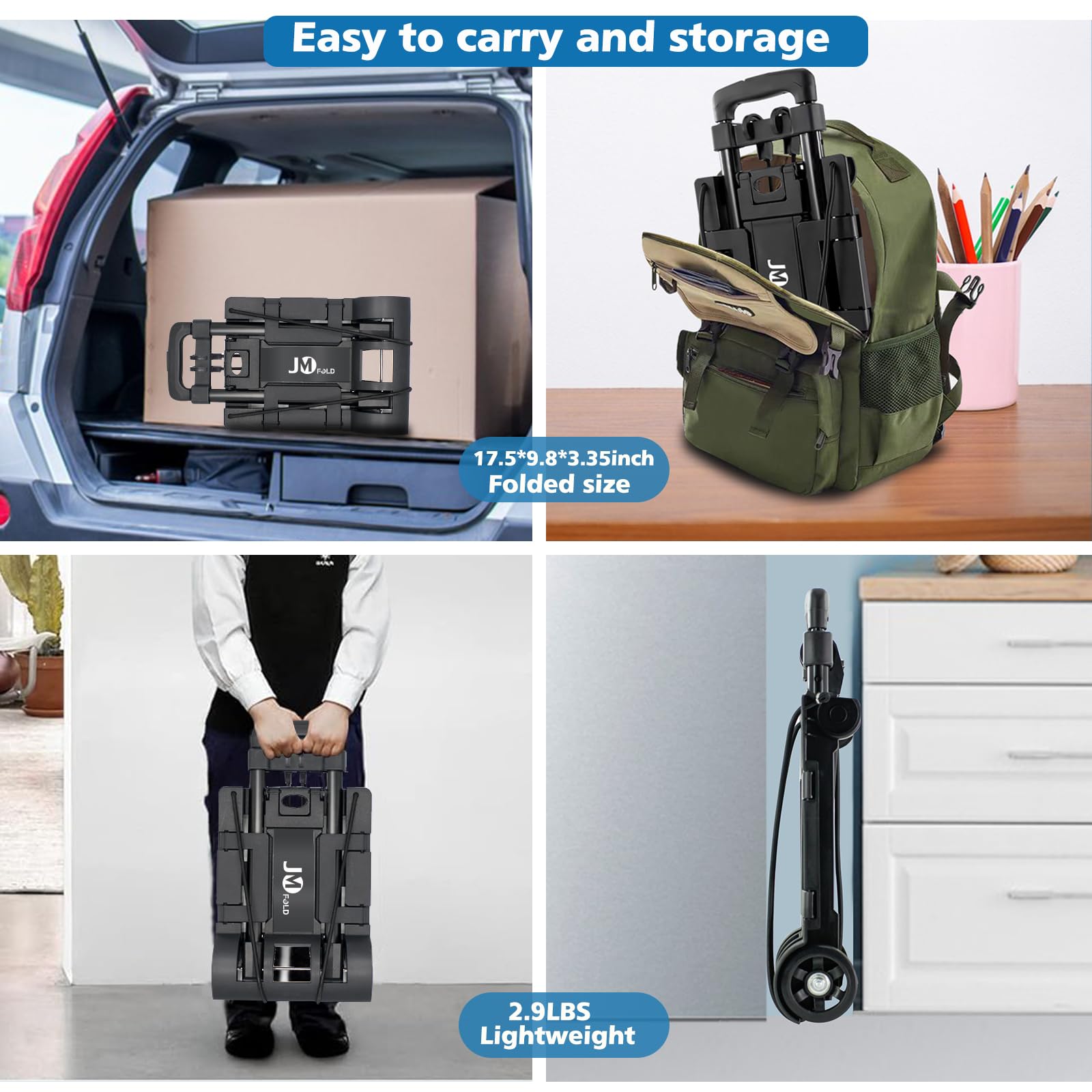 70 lbs Heavy Duty Folding Hand Truck Dolly with 2 Wheels - Compact Foldable Luggage Cart with Expandable Chassis, Converts to Backpack for Easy Storage - Perfect for Airport Travel, Office Moving, Grocery Shopping & Warehouse Use (Black Steel Frame)