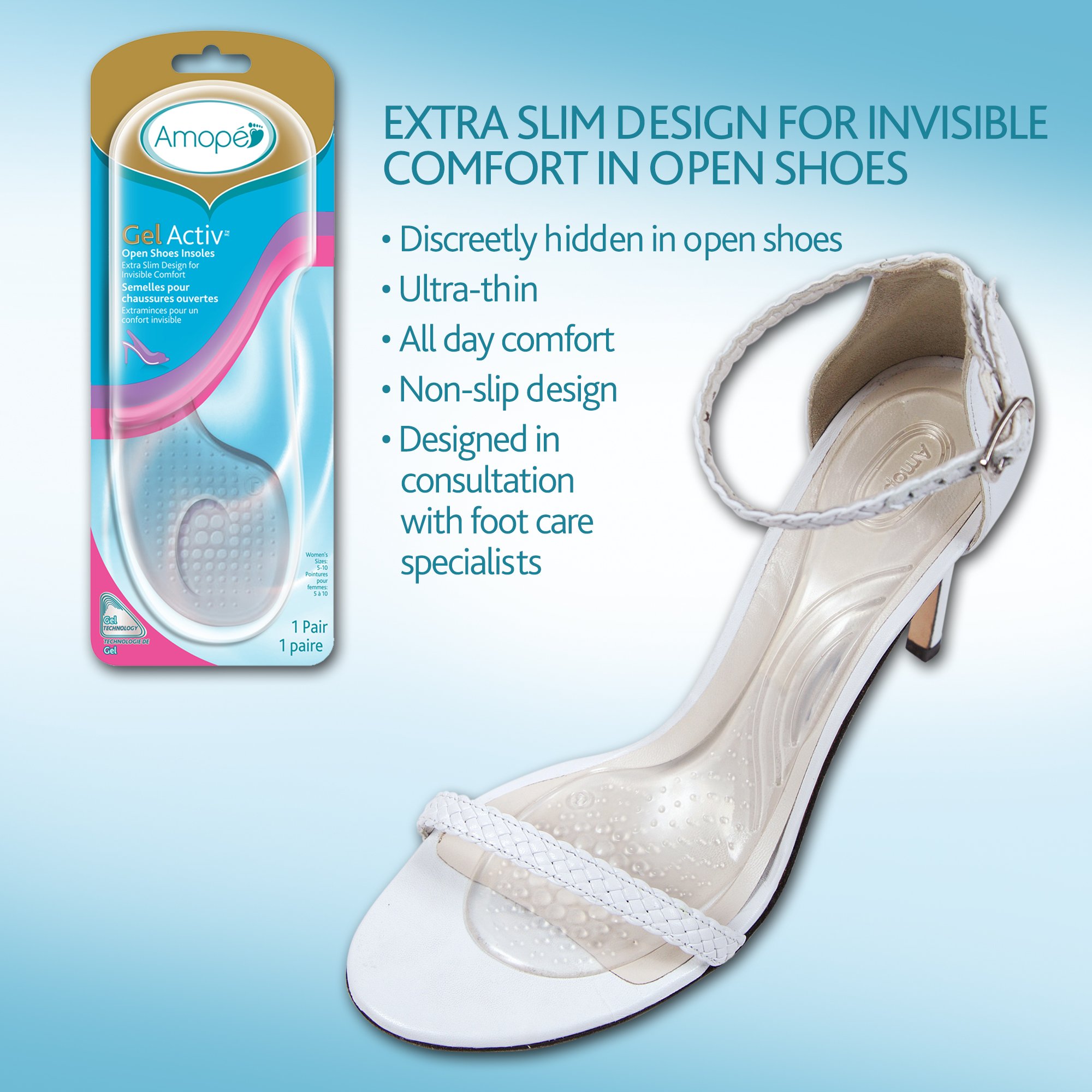 Amope GelActiv Open Shoes Insoles for Women - Cushioned Arch Support & Pain Relief - 1 Pair (Size 5-10) - Perfect for Sandals, Flip Flops & Summer Footwear Comfort