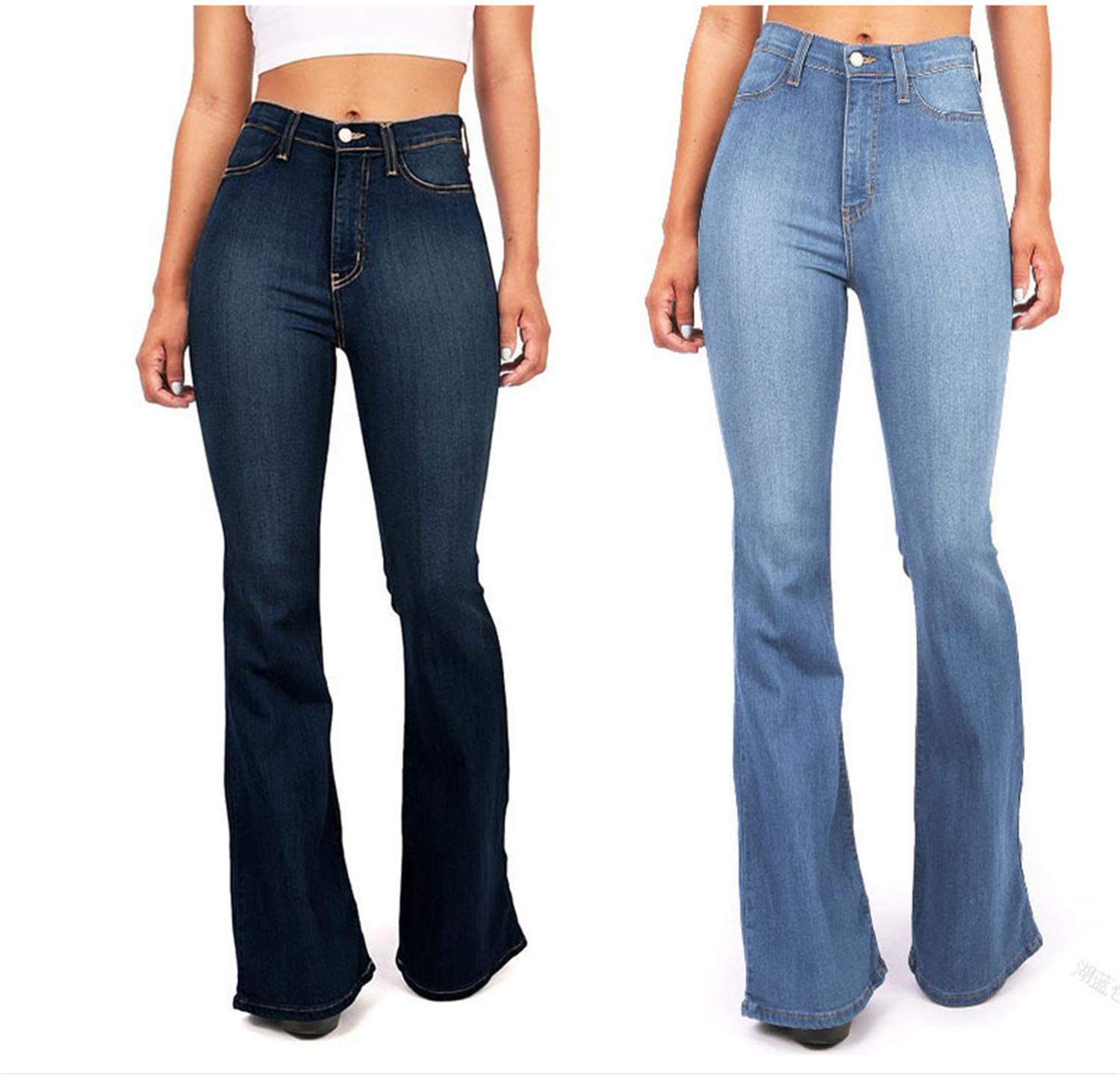 Stylish Women's Stretch Skinny & Bell Bottom Jeans - Elastic Waist Flared Denim Pants with Raw Hem | Perfect for Casual Wear, Night Out, and Fashionable Everyday Outfits