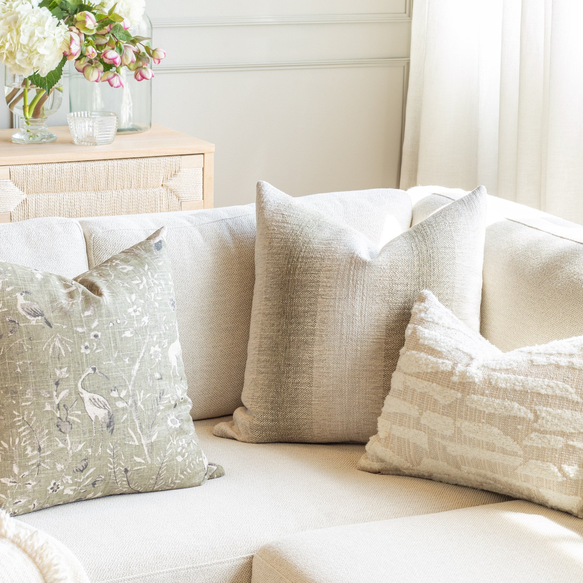Tahoe Stripe 22x22 Decorative Throw Pillow Cover - Moss Green Cotton Linen Blend Cushion Case for Sofa, Bed, Living Room & Home Decor