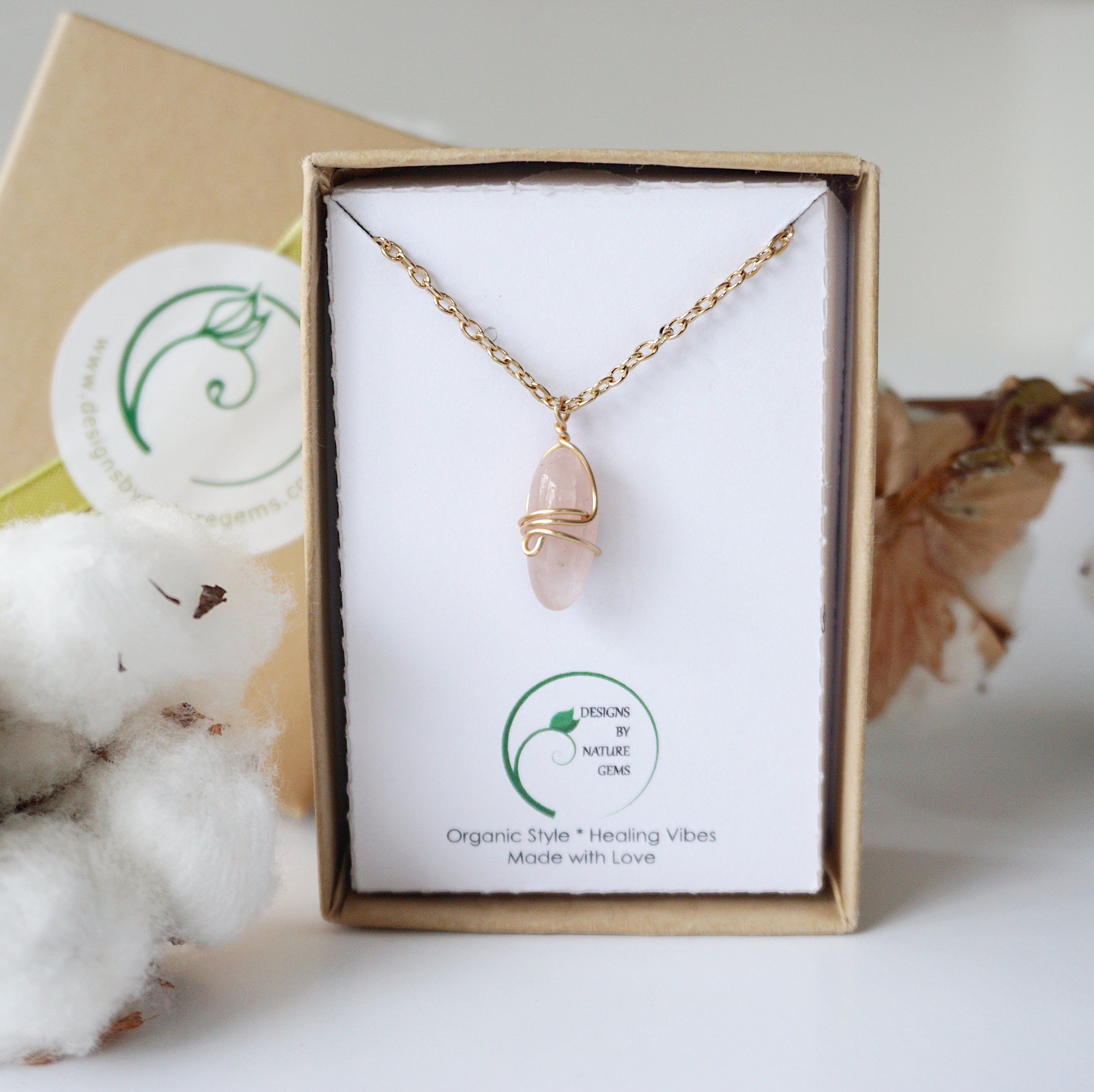 Rose Quartz Necklace - Gold Plated Brass Wrapped Charm Necklace for Women, Healing Crystal Jewelry Gift for Her - Perfect for Meditation, Yoga & Spiritual Wellness