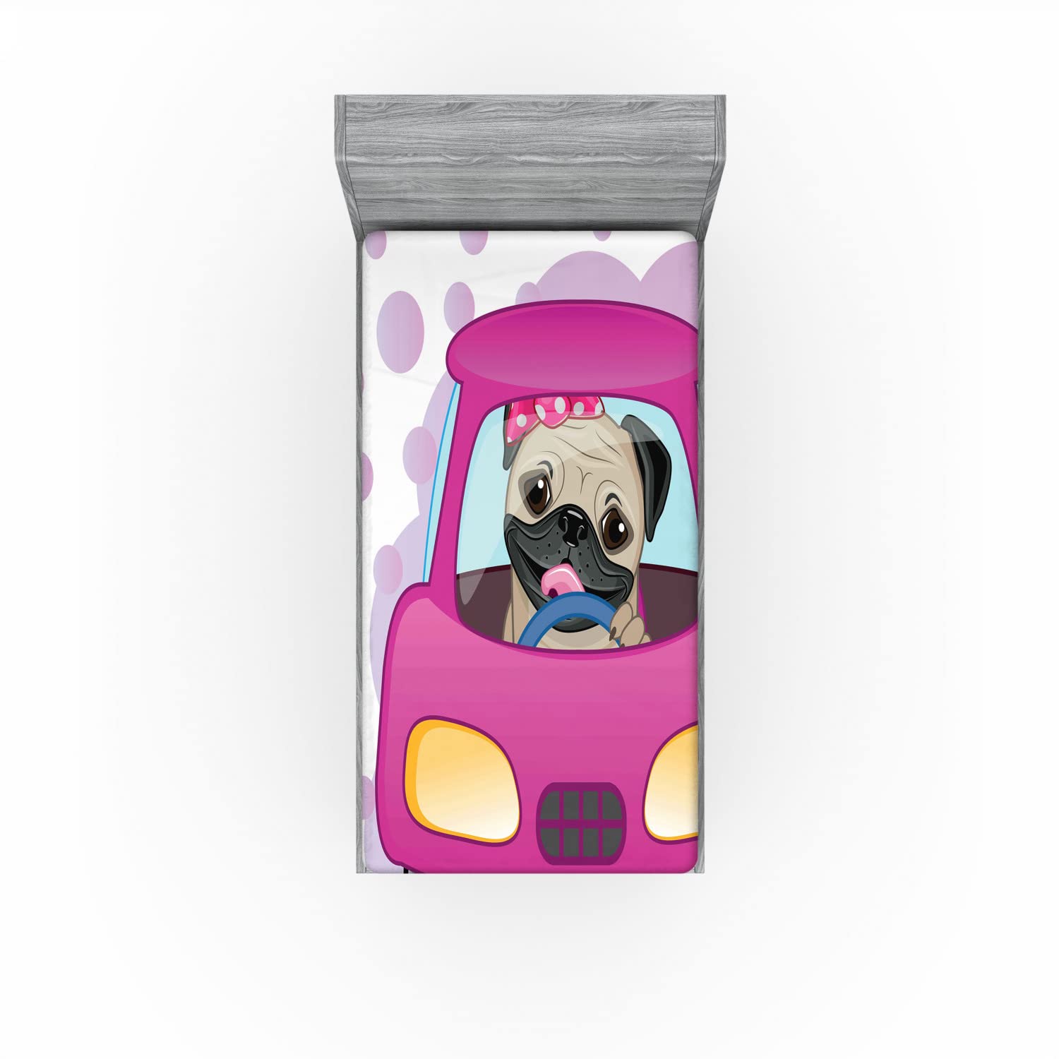 Ambesonne Pug Fitted Sheet - Twin XL, Pink Yellow Dog Print for Bedroom Decor