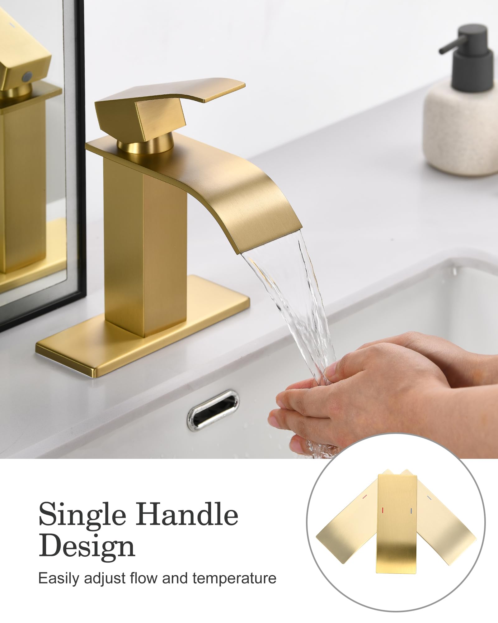 Modern Single Hole Bathroom Faucet - Waterfall Spout Brushed Gold Finish with Drain Assembly & Lead-Free Hose - Perfect for Bathroom Sink, Vanity, and Powder Room Upgrades - TONNY