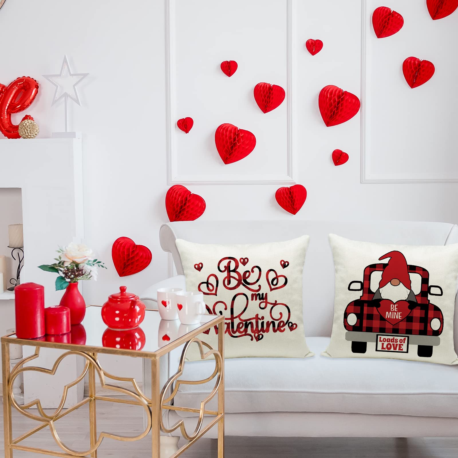 Ueerdand Valentine's Day Pillow Covers 20x20 Inch Set of 4 - Red Truck, Heart Tree & Love Themed Throw Pillow Cases for Home Decor | Perfect for Couples Gifts, Living Room Sofa & Bedroom Decoration