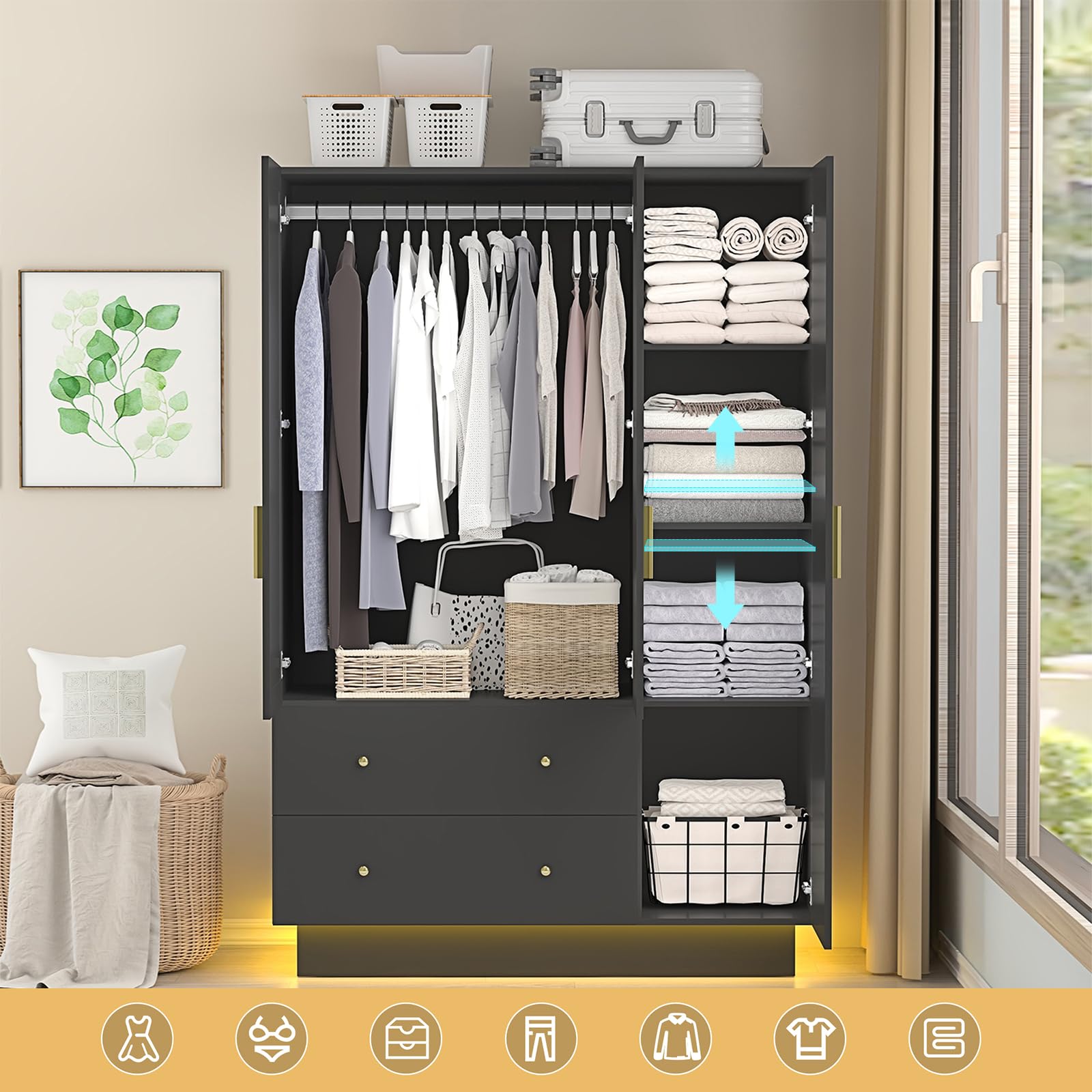 3-Door Armoire Wardrobe Closet with Full-Length Mirror & LED Lighting - Wooden Storage Cabinet with Drawers, Hanging Rod & Adjustable Shelves - Perfect for Bedroom, Closet Organization & Home Decor (Black)