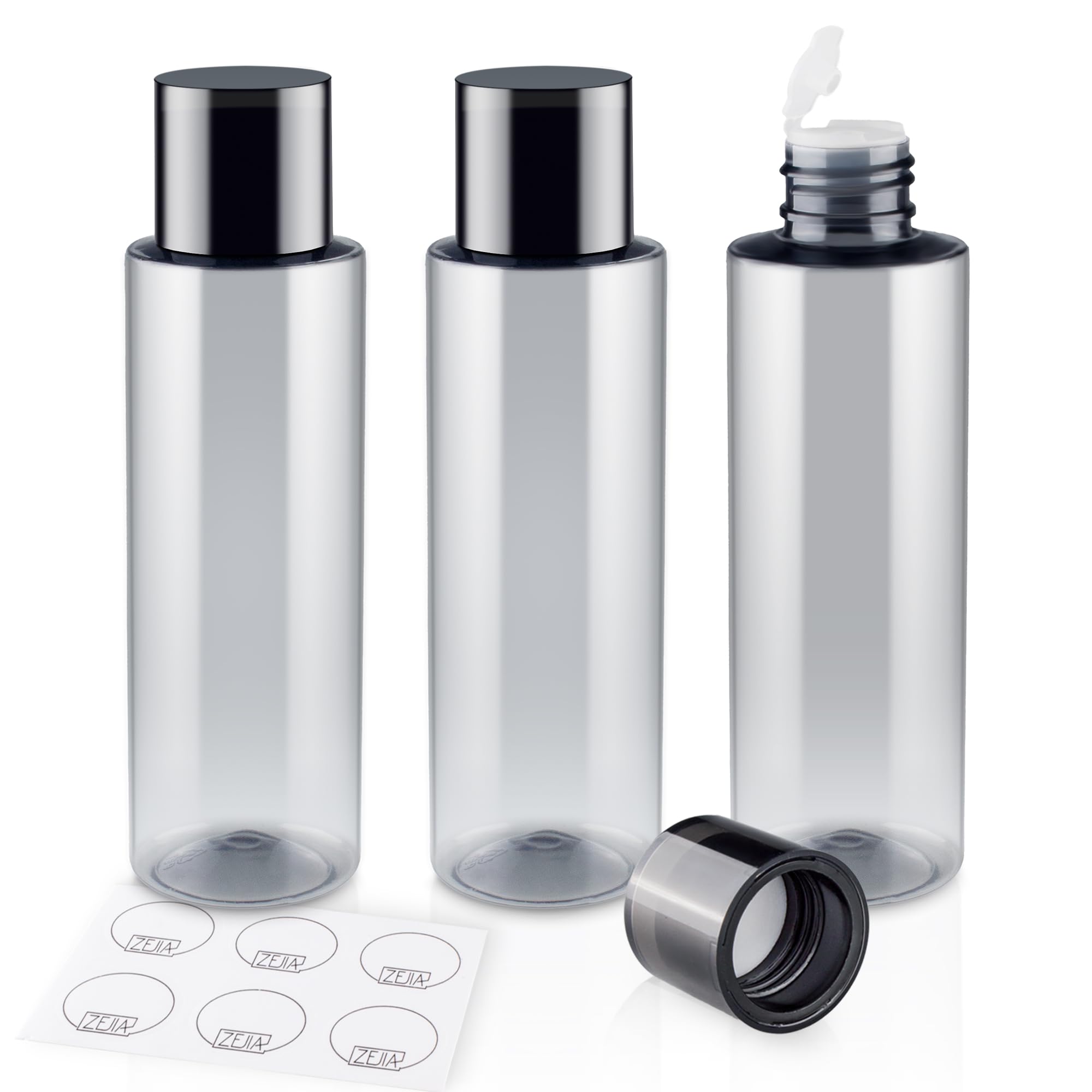 ZEJIA 150ML/5OZ Travel Size Toiletries Bottles (3 Pack) - Leak Proof Refillable Plastic Containers for Shampoo, Lotion & Body Wash - Includes 6 Labels - Perfect for Airplane Carry-On, Gym Bag & Vacation Essentials