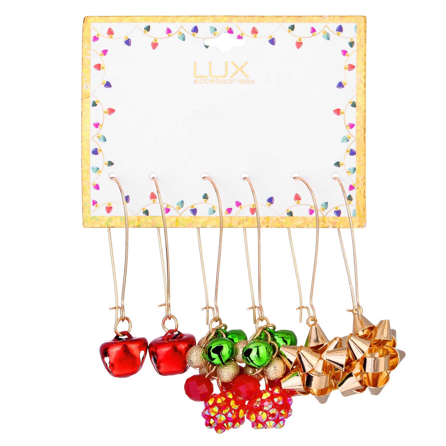 Lux Accessories Christmas Red Green Bells Gold Gift Ribbon Drop Earrings (3pc) - Perfect for Holiday Parties & Festive Gatherings