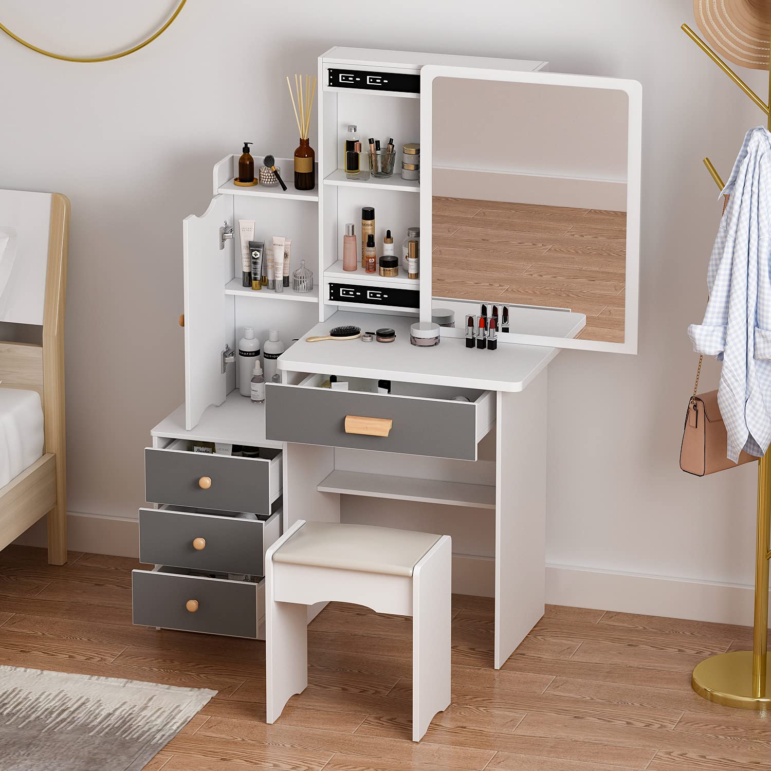 FAMAPY White and Grey Makeup Vanity Set with Drawers, Sliding Mirror, Wood Desk & Shelves - Includes Cushioned Stool for Bedroom, Dressing Room & Beauty Salon Use