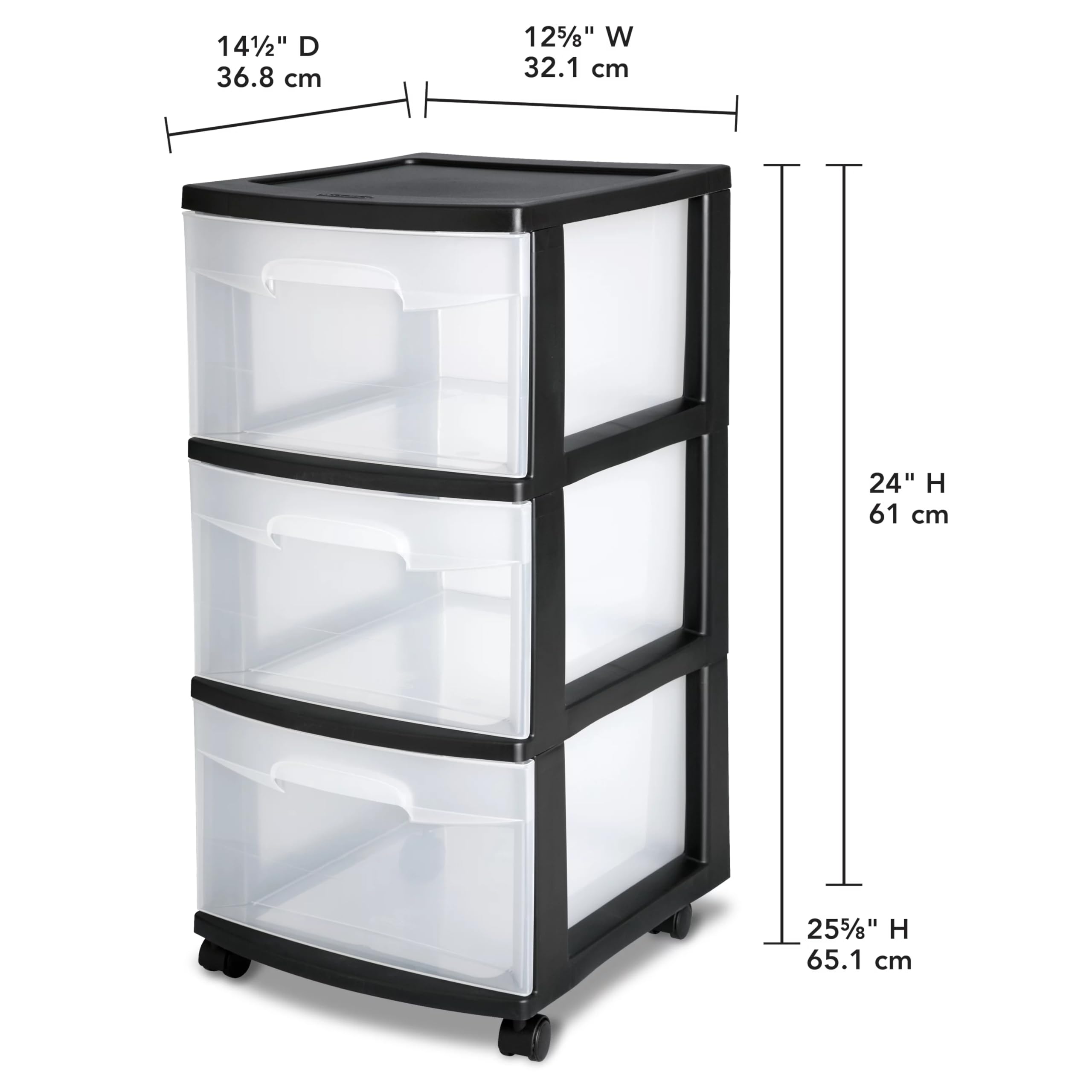 3-Drawer Plastic Storage Cart with Wheels - Medium Home Organization Container, Removable Casters & Clear Drawers for Bedroom, Office, or Closet - White Frame with Black Accents - Set of 1 (Ideal for Toys, Crafts & Clothes Storage)