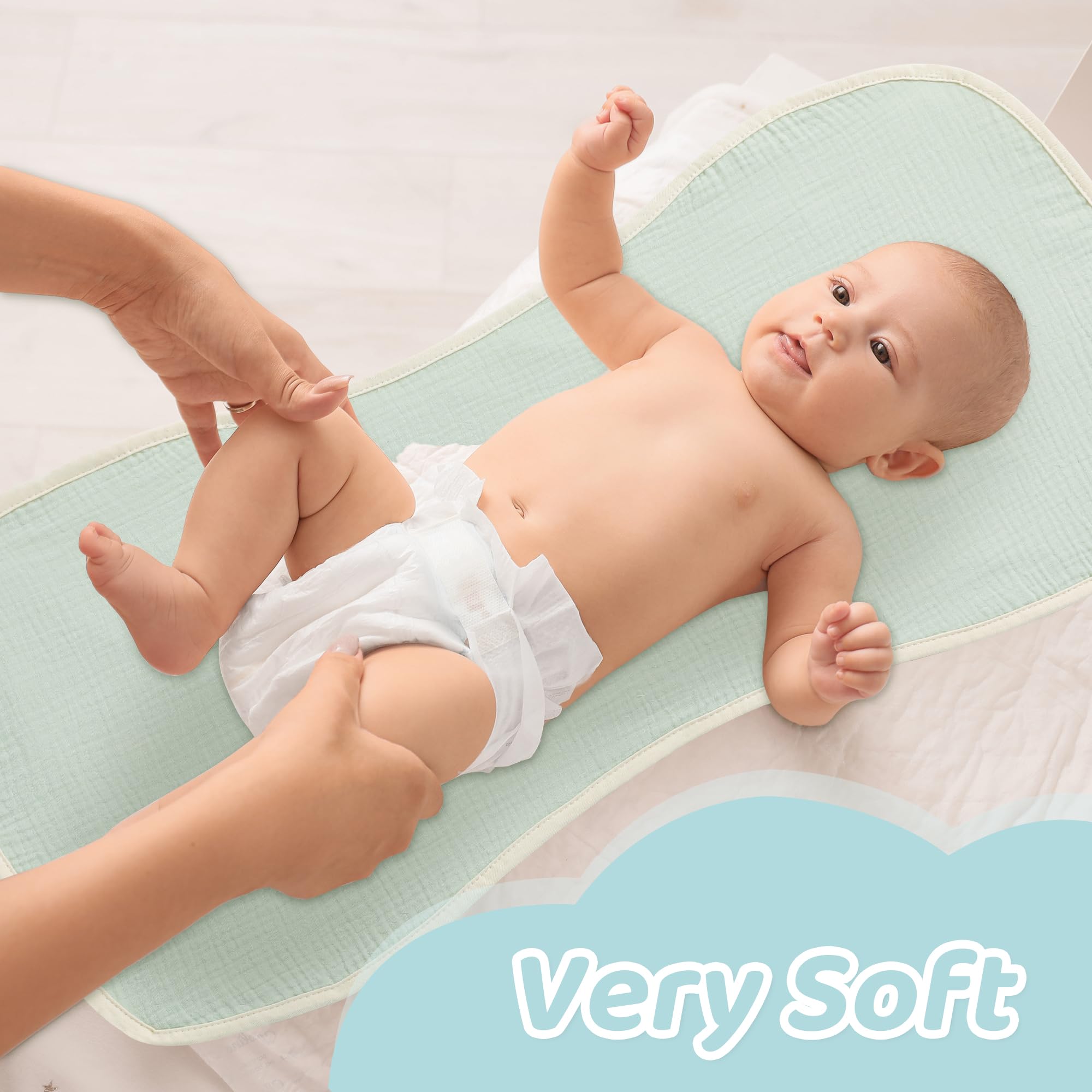 HOMBYS Washable Waterproof Baby Changing Pad Liners - 3 Pack 100% Cotton Muslin Changing Table Covers (Cream White, Light Green, Animals) for Nursery, Diaper Changing Station & Travel
