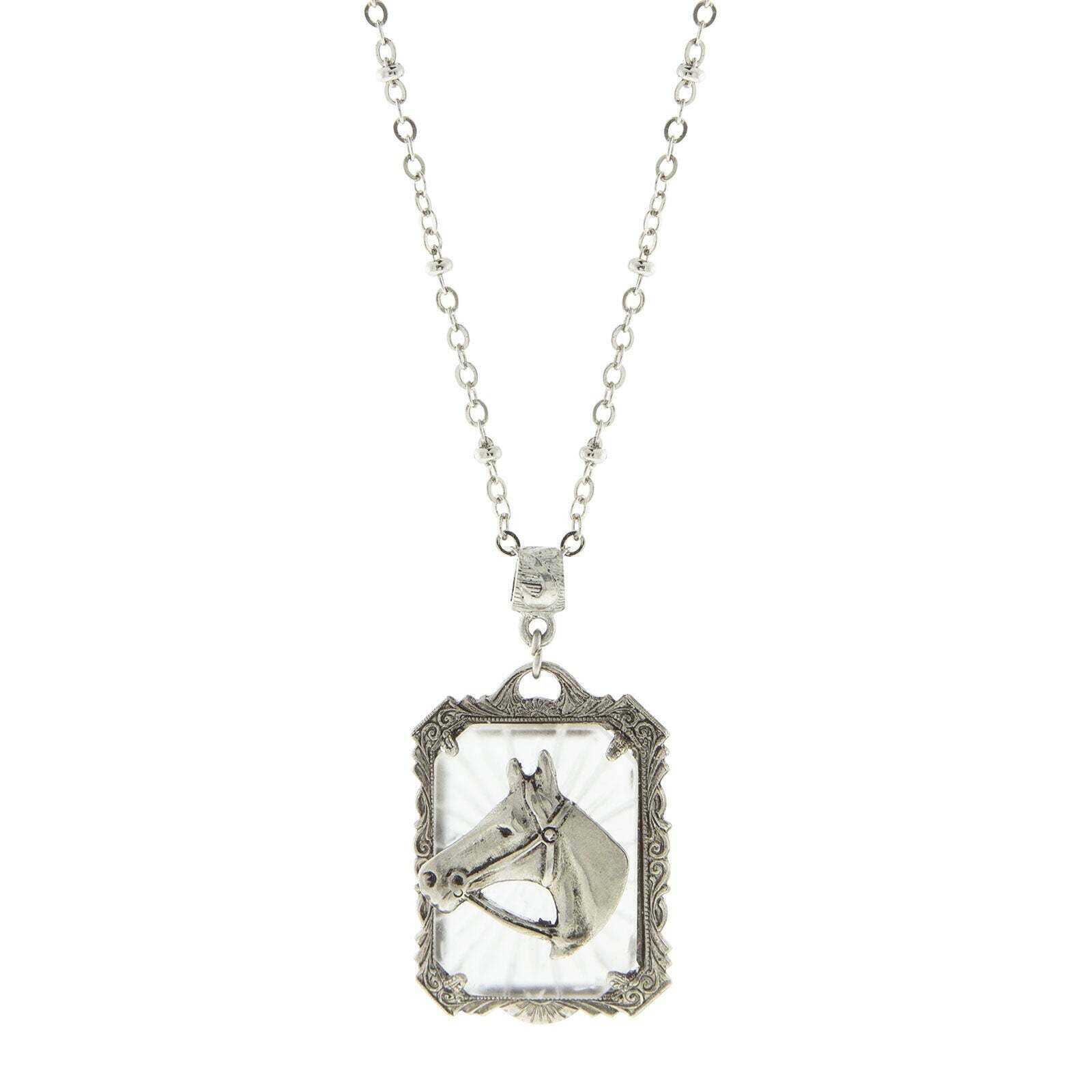 Vintage 1928 Lalique Rectangle Glass Horse Head Pendant Necklace - 24 Inch Chain - Elegant Equestrian Jewelry for Women - Perfect for Weddings, Parties & Special Occasions