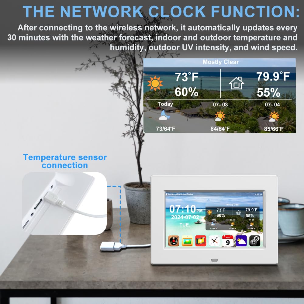 7 Inch Digital Weather Clock with Temperature & Humidity Display - Alarm Clock with Indoor/Outdoor Sensor (White) - Perfect for Home, Office, and Bedroom Use