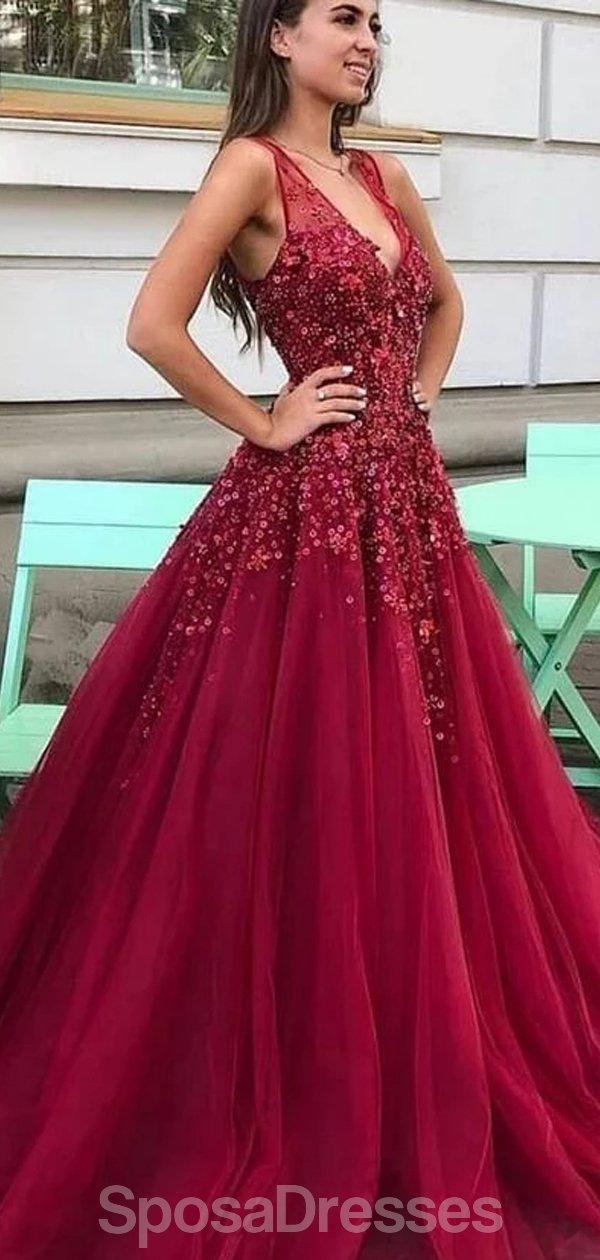Elegant Dark Red V-Neck A-Line Tulle Long Evening Prom Dress for Women | Formal Gown for Parties, Homecoming, and Special Occasions | Style 12179