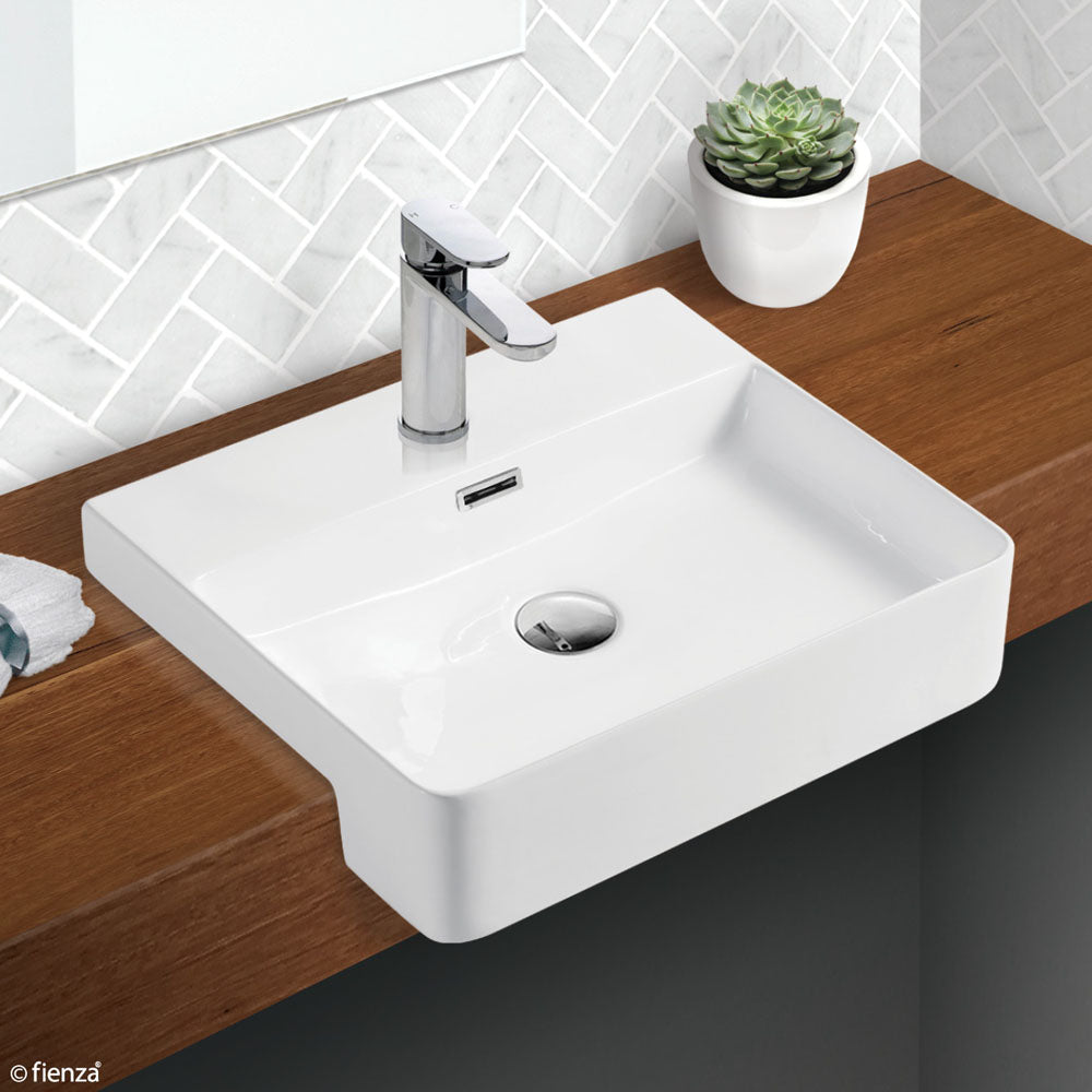 Fienza RB4044 Petra 1 Tap Hole Semi Recessed Bathroom Sink, White Porcelain - Perfect for Modern Vanities and Small Space Bathrooms