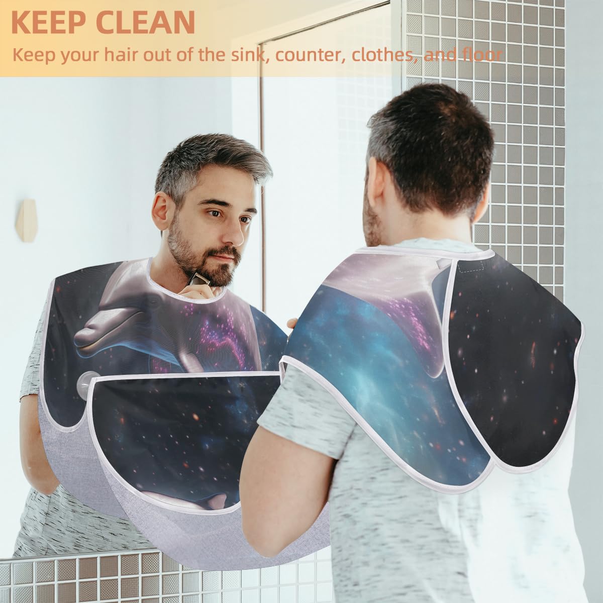 Space Dolphin Beard Shaving Bib for Men - Waterproof Hair Dye Apron & Barber Cape for Haircut, Beard Trimming & Makeup - Sink Hair Catcher & Grooming Tool - Perfect for Home Salon, Barbershop & DIY Styling