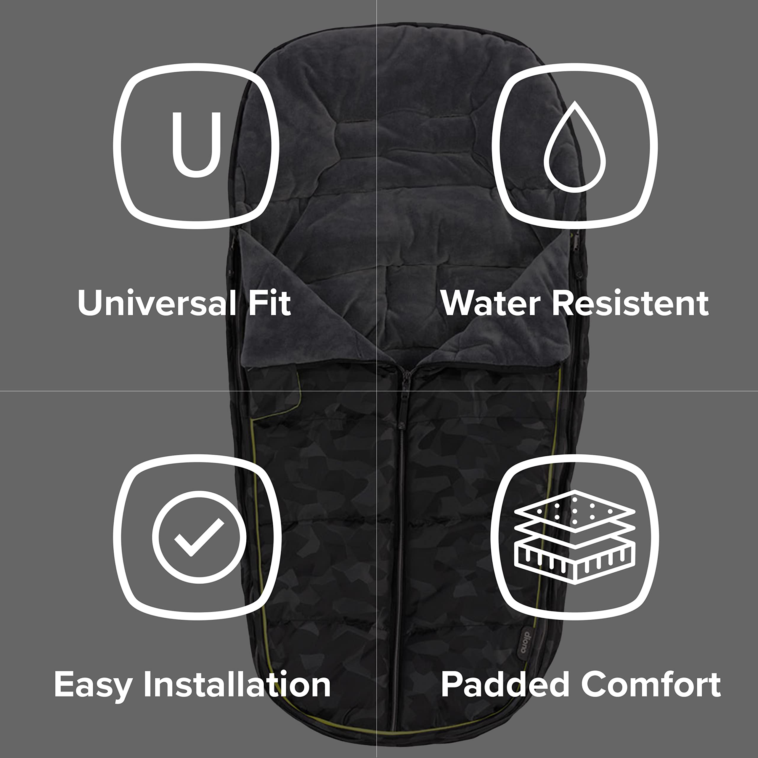 Diono Luxury All Weather Stroller Footmuff - Universal Fit for Baby to Toddler - Super Soft Cozy Padding - Weatherproof & Water Resistant Lining - Black Camo - Perfect for Winter Strolls & Outdoor Adventures