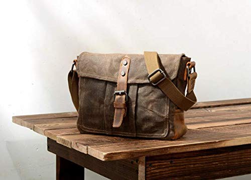 Men's Vintage Waxed Canvas Leather Messenger Bag - 10 Inch Waterproof Crossbody Shoulder Bag for Work, Travel & Everyday Use