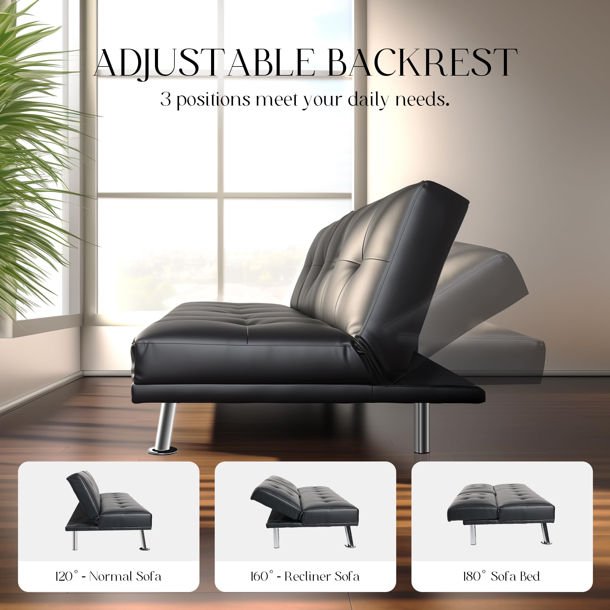 Yoyomax Modern Faux Leather Convertible Futon Sofa Bed with 2 Cup Holders & Pillows - Foldable Sleeper Couch for Small Spaces, Dorm Rooms, RVs, Home Offices - Perfect for Compact Living & Guest Sleeping (Black)