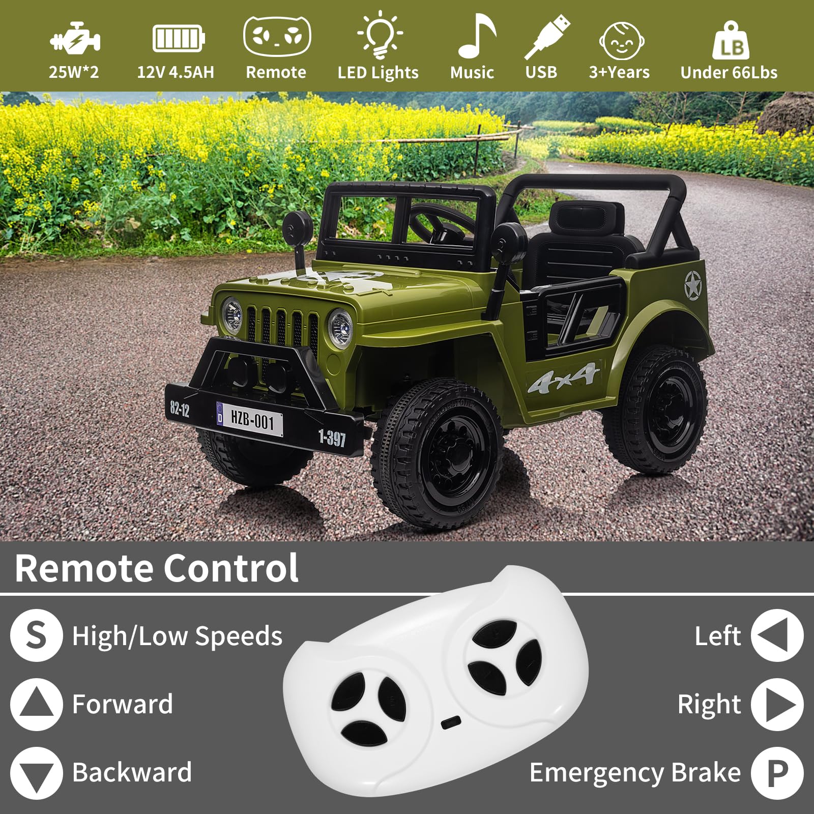 12V Electric Ride On Truck for Kids with Remote Control, Spring Suspension, LED Lights & Music - Adjustable Speed, Safety Belt - Green Toy Car for Boys & Girls Ages 3+ | Outdoor Play, Birthday Gift, Backyard Fun