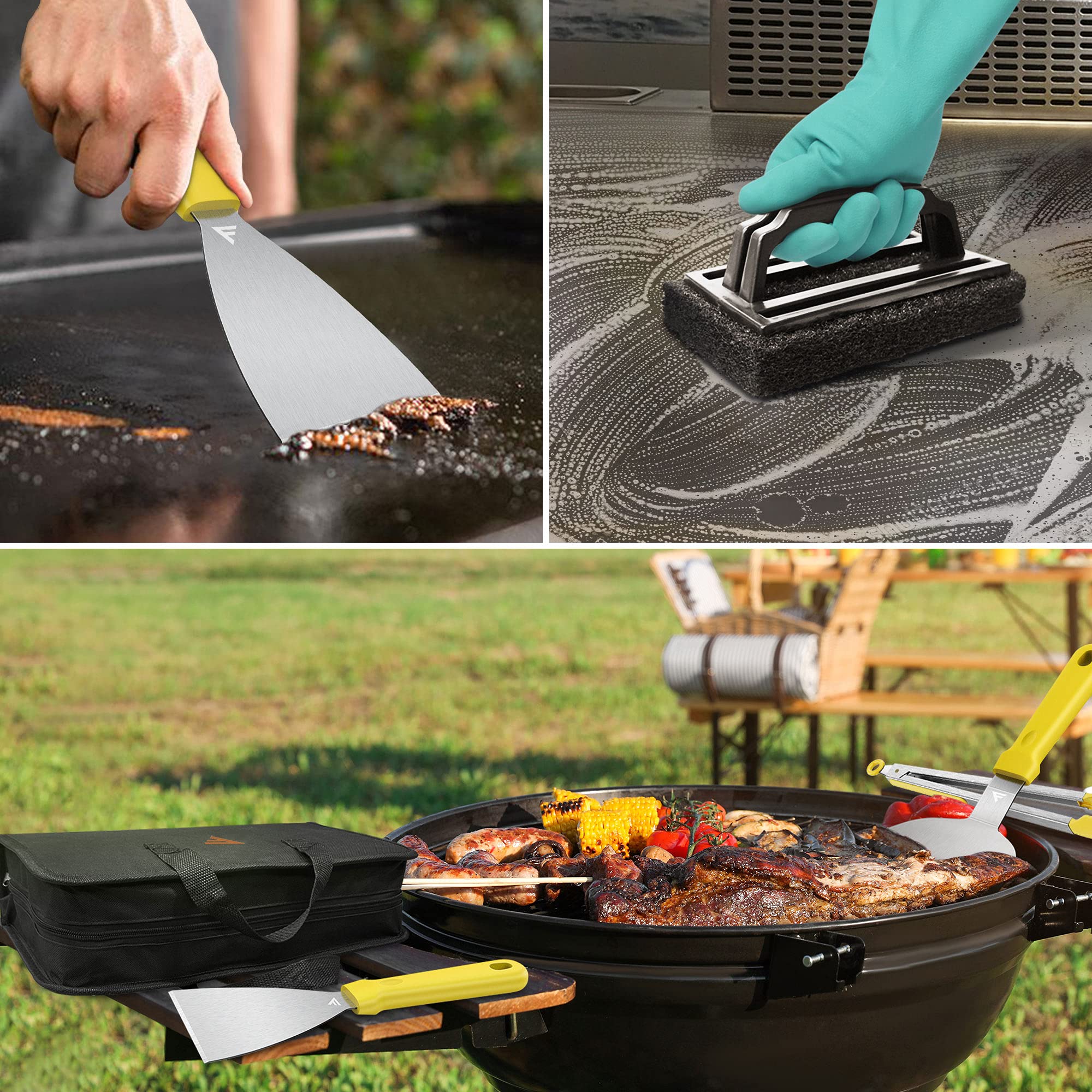 FiveJoy 17-Piece Griddle Accessories Kit for Blackstone & Camp Chef Flat Top Grills - Stainless Steel Spatulas, Scraper, Egg Rings & Cleaning Tools - Perfect for BBQ, Camping, Tailgating & Outdoor Cooking - Great Gift for Men, Women & Dad