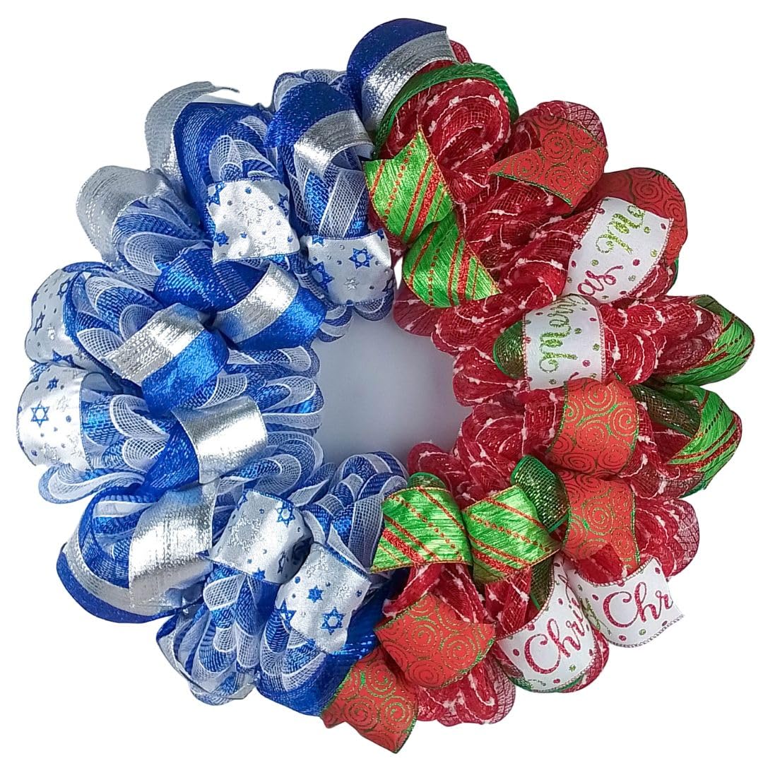 Christmas Hanukkah Wreath - Personalized Monogram House Divided Decor - Red Green Blue Silver Holiday Wreath for Front Door, Mantel & Wall Decor - Perfect for Holiday Home Decorations & Gift Giving