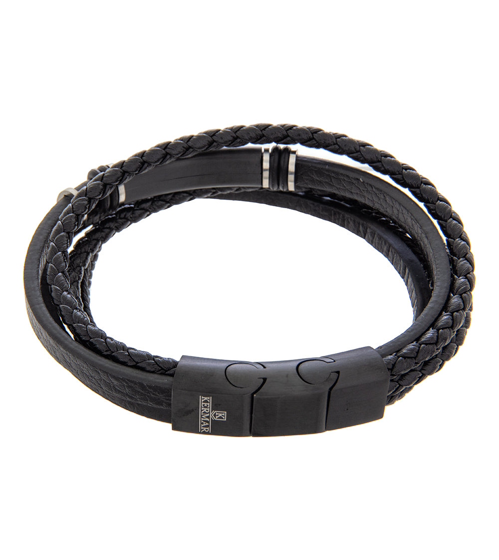 Men's Leather Bracelet with Black Steel Accents - Adjustable 19-21cm (7.5-8.3