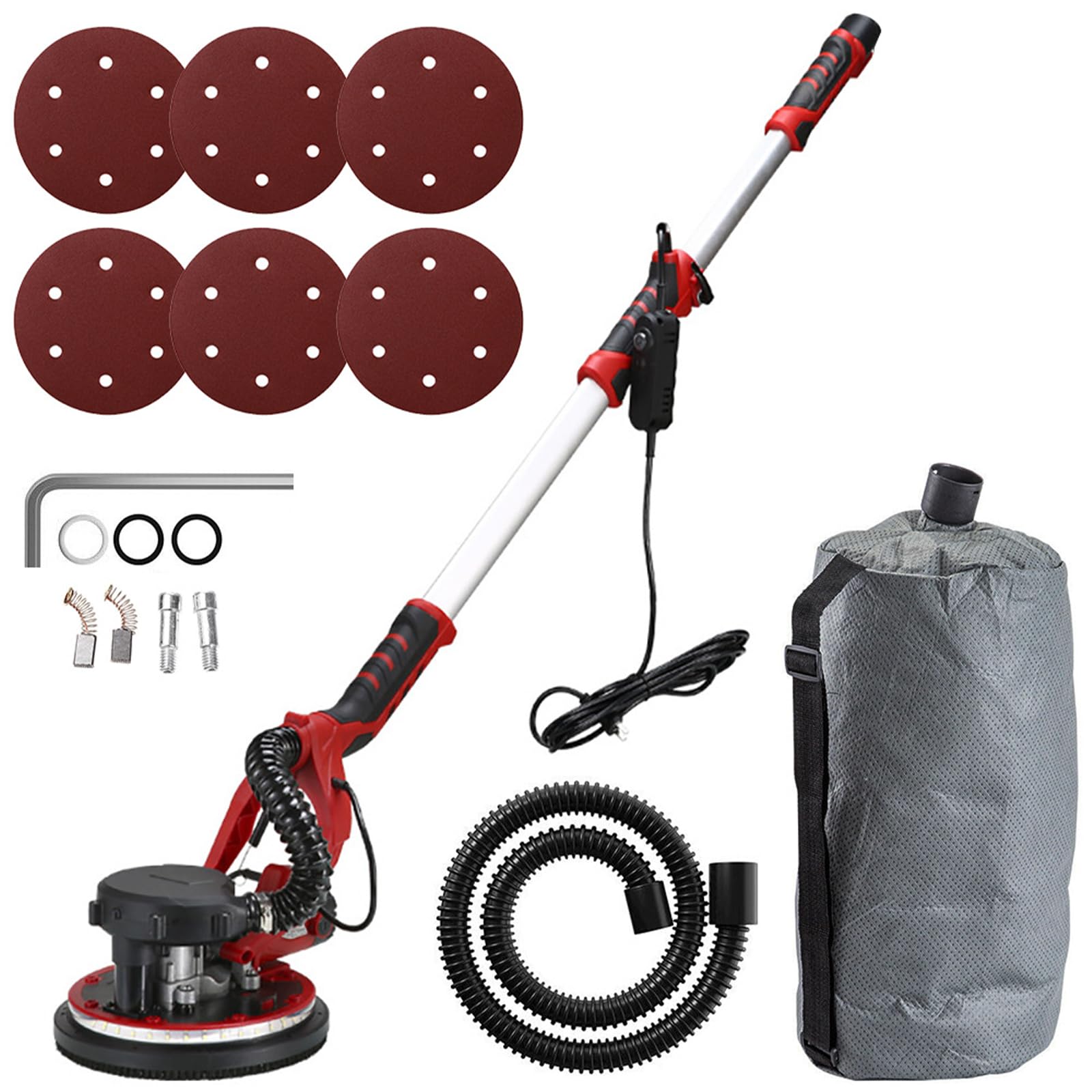 HYCHIKA 1250W Electric Drywall Sander with Vacuum System, Dual LED Lights & Extendable Handle - Includes 6 Sanding Discs & Dust Collection Bag - Perfect for Home Renovation, Wall Smoothing & Professional Drywall Finishing