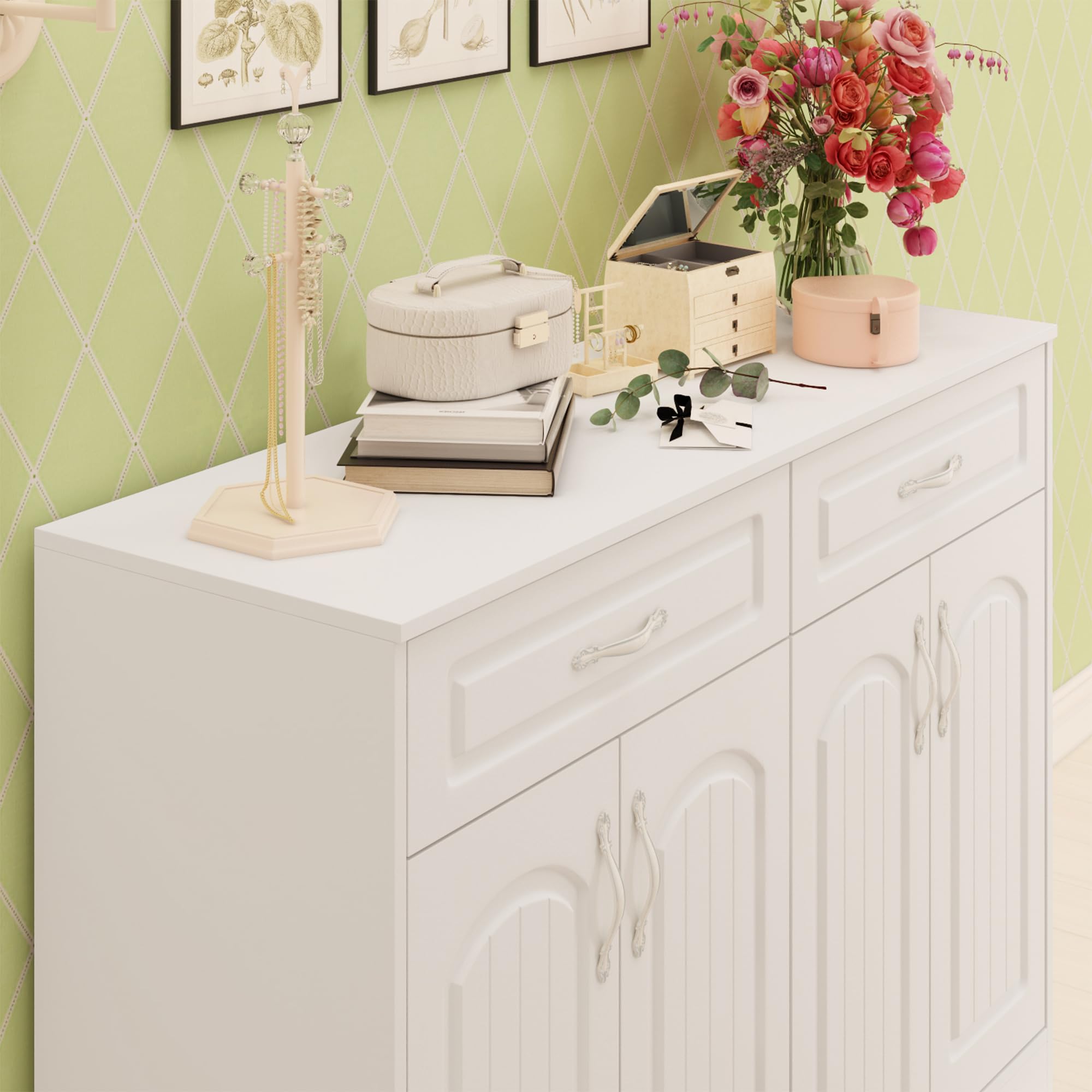 AIEGLE 4-Door 2-Drawer Shoe Storage Cabinet - Entryway Organizer for 12-18 Pairs of Shoes with Metal Handles, Freestanding Shoe Rack for Hallway, Living Room, Bedroom - White (Perfect for Small Spaces & Home Organization)