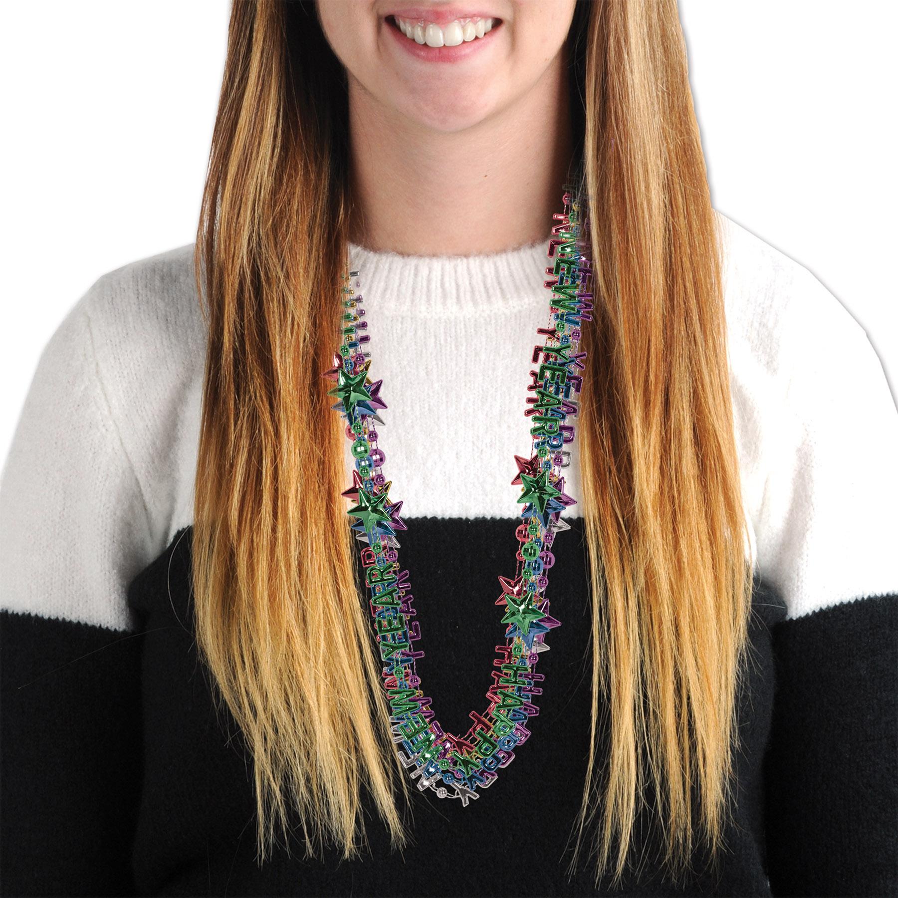 12 Pack Beistle Happy New Year Bead Necklaces - Multicolor Party Favors for New Year's Eve, Birthday & Mardi Gras Celebrations