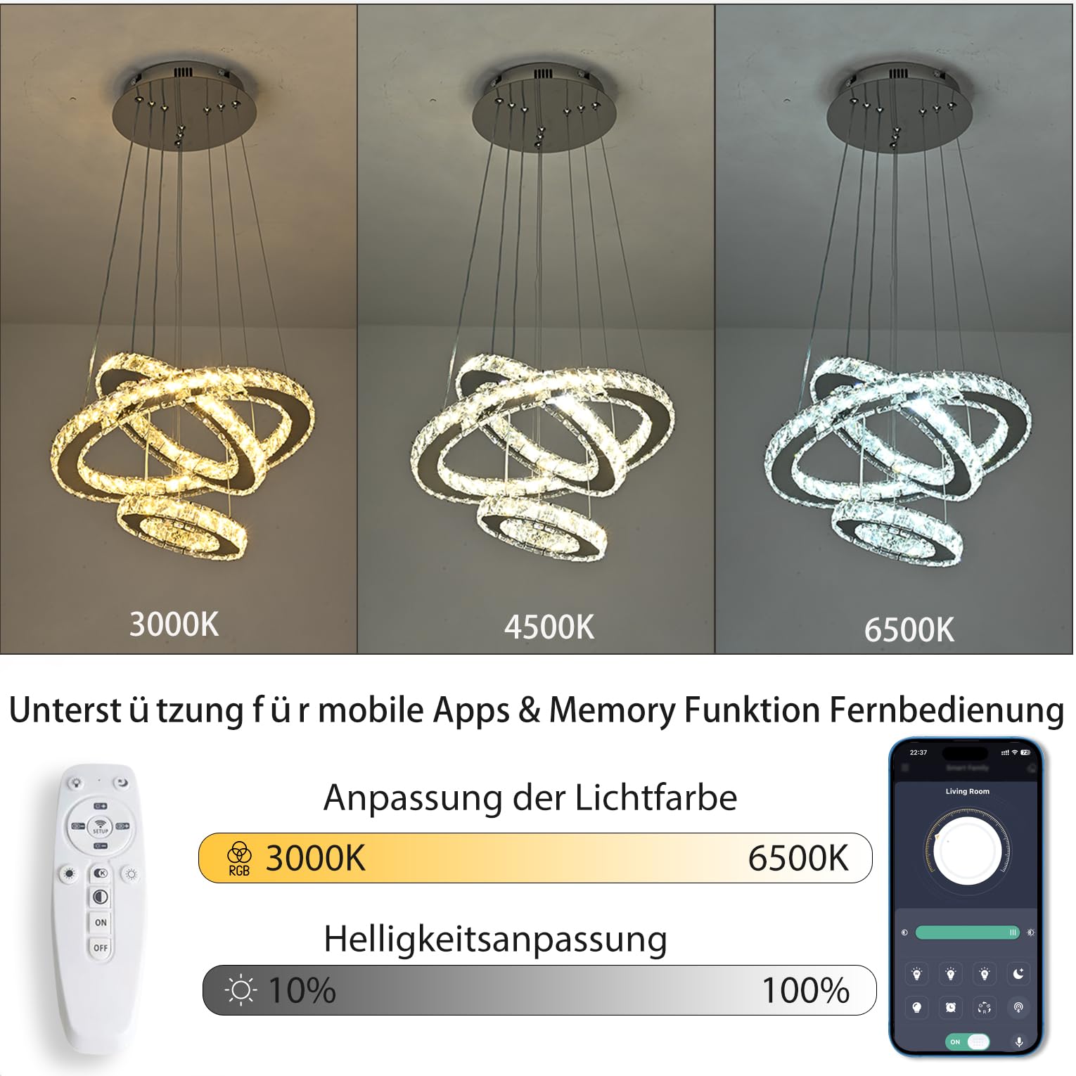 Naoeoon Modern LED Crystal Chandelier - 48W Dimmable Pendant Light with 3 Crystal Rings, 3000K-6500K Color Temperature, 9100LM Brightness for Dining Room, Kitchen Island & Foyer Lighting
