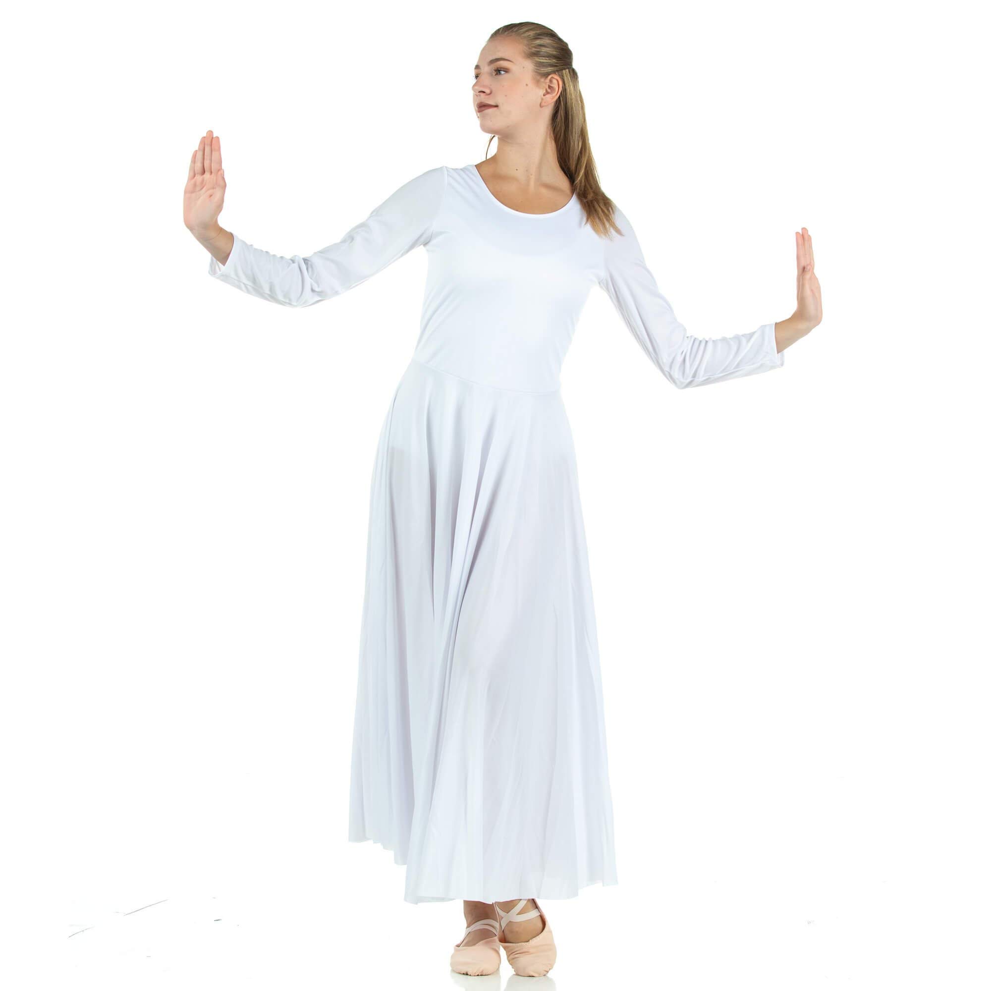 Danzcue Women's Praise Loose Fit Full Length Long Sleeve Dance Dress - White (Small/Medium/Large) - Perfect for Ballet, Worship Dance & Performance Costumes