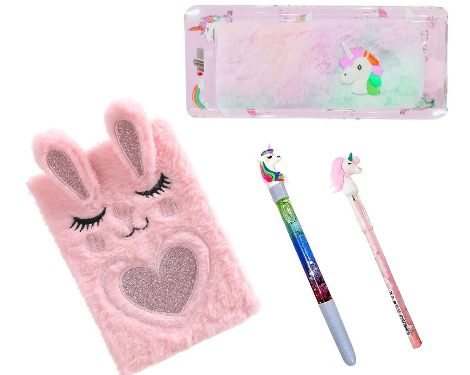 ALMOSTHERE® Unicorn Stationery Set - A5 Locking Diary with 240 Pages, Fur Pouch, Pens & Pencils - 4-Piece Educational Gift Combo for Girls - Perfect for School, Birthday Presents & Unicorn Lovers